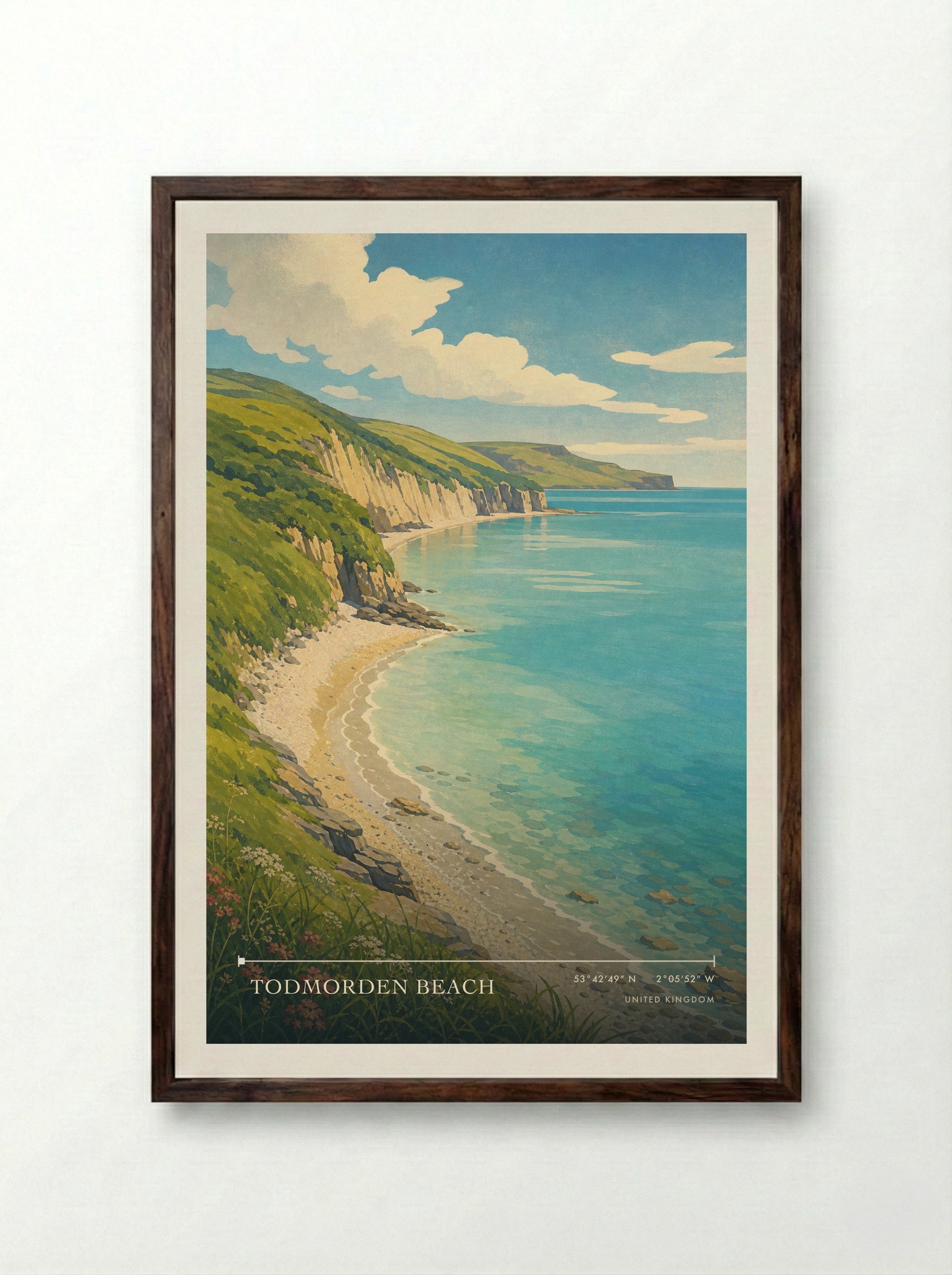 Todmorden Beach United Kingdom Travel Poster - Framed Print Dark Wood