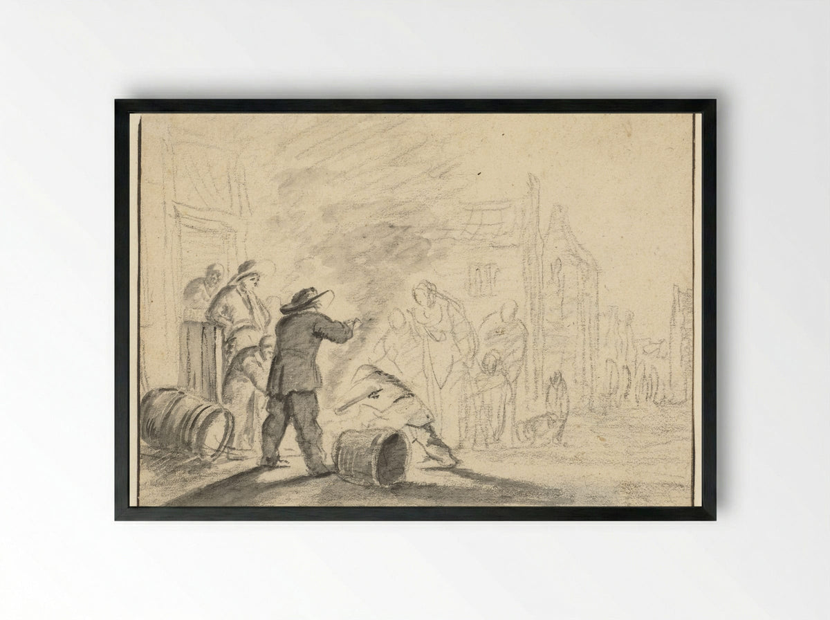 Toeschouwers rond een vuurtje op straat - Adam Louisz Colonia - Framed Print Black