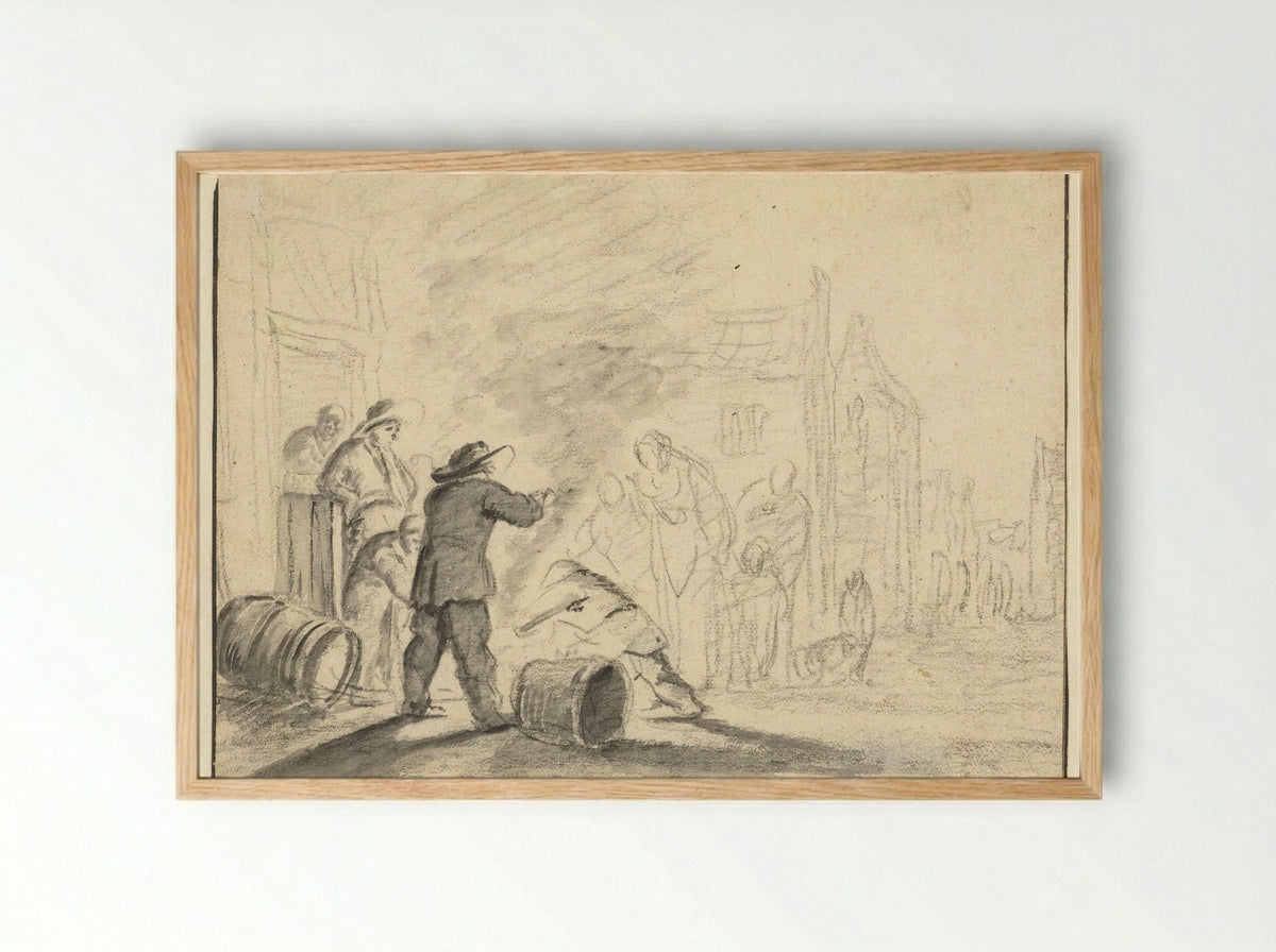 Toeschouwers rond een vuurtje op straat - Adam Louisz Colonia - Framed Print Wood