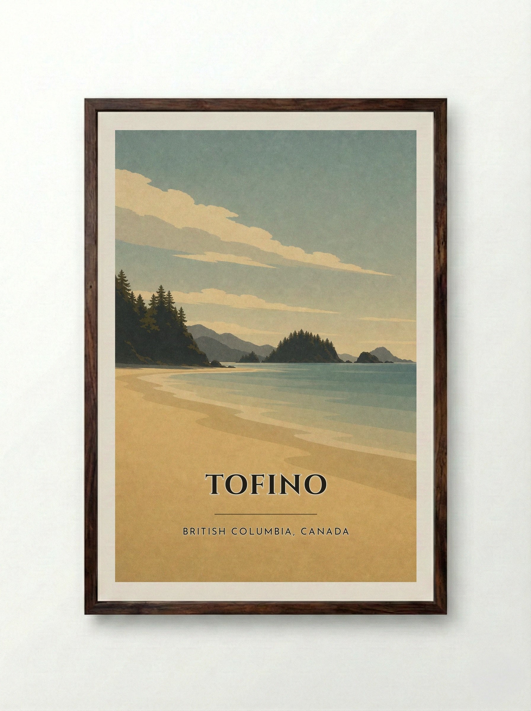 Tofino Travel Poster Artwork - Framed Print Dark Wood