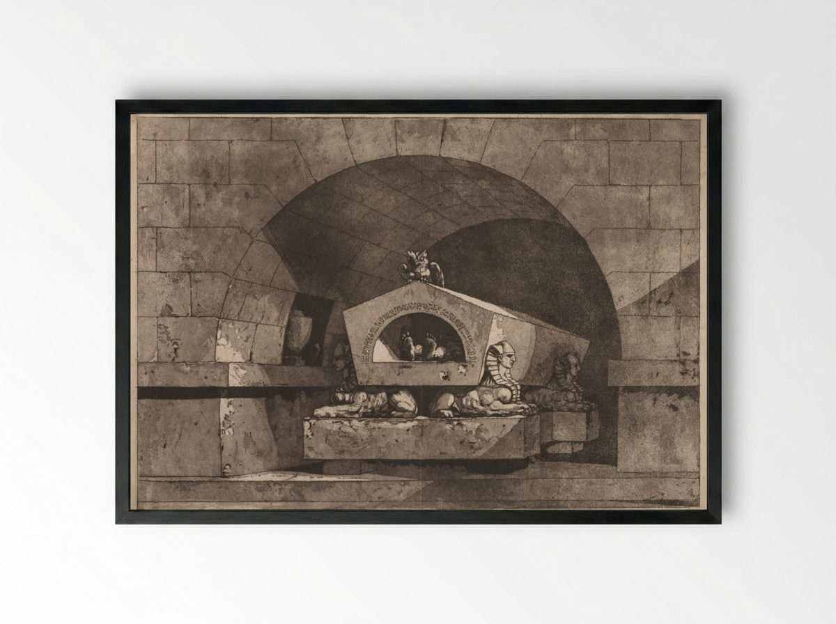 Tomb with Sphinxes and an Owl - Louis Jean Desprez - Framed Print Black