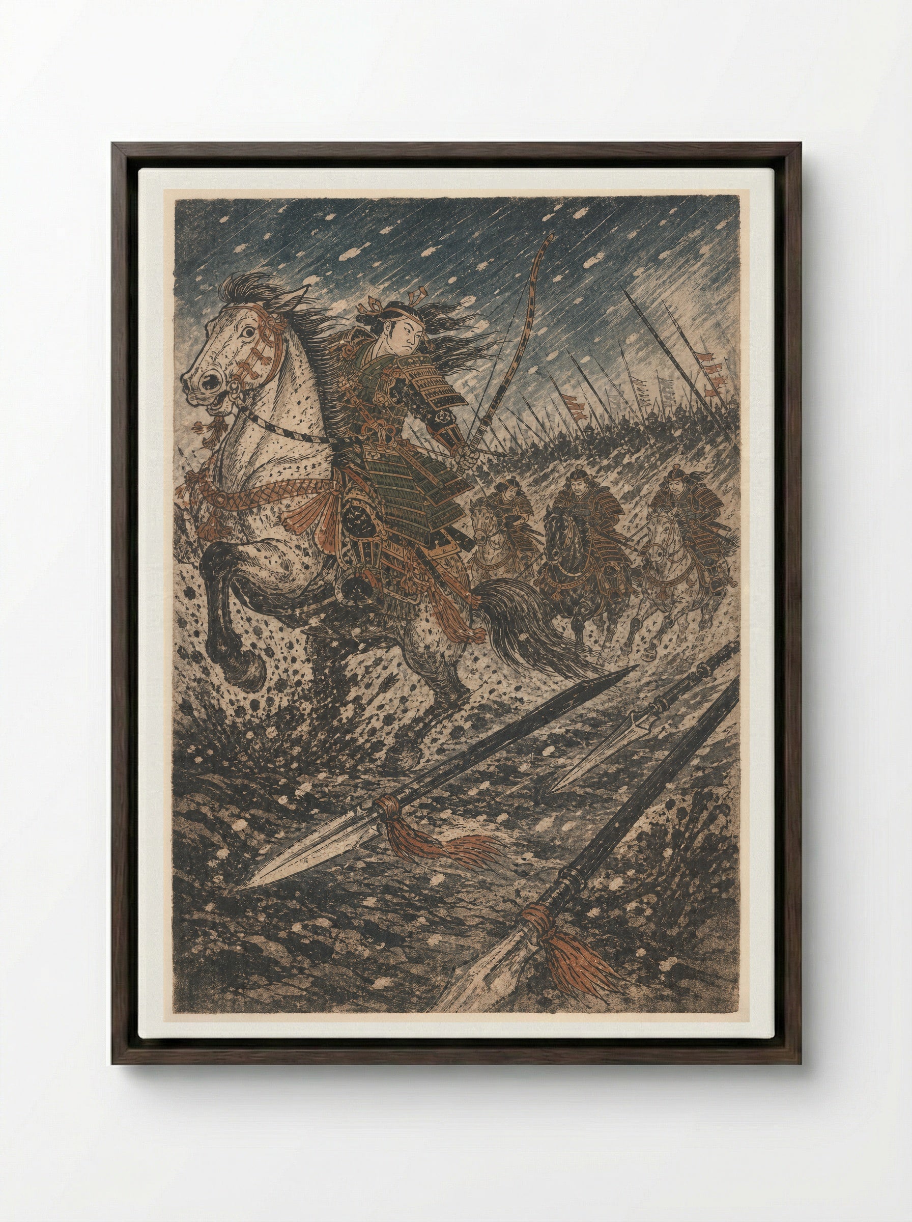 Tomoe Gozen at Awazu: The Banners Thin - Framed Canvas Dark Wood