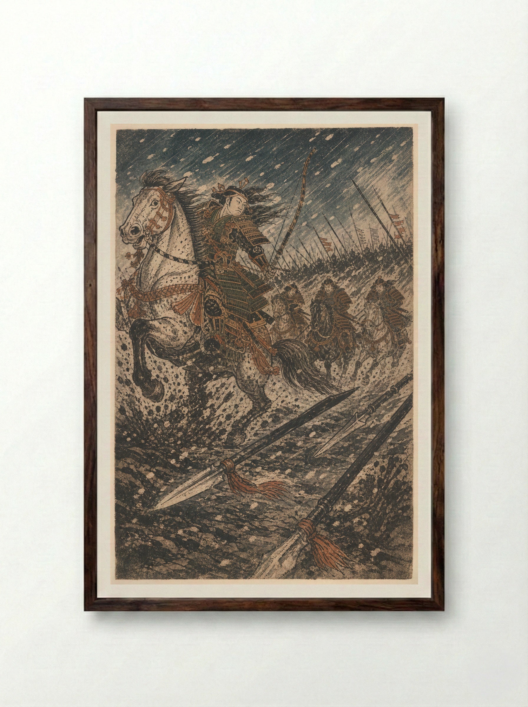 Tomoe Gozen at Awazu: The Banners Thin - Framed Print Dark Wood