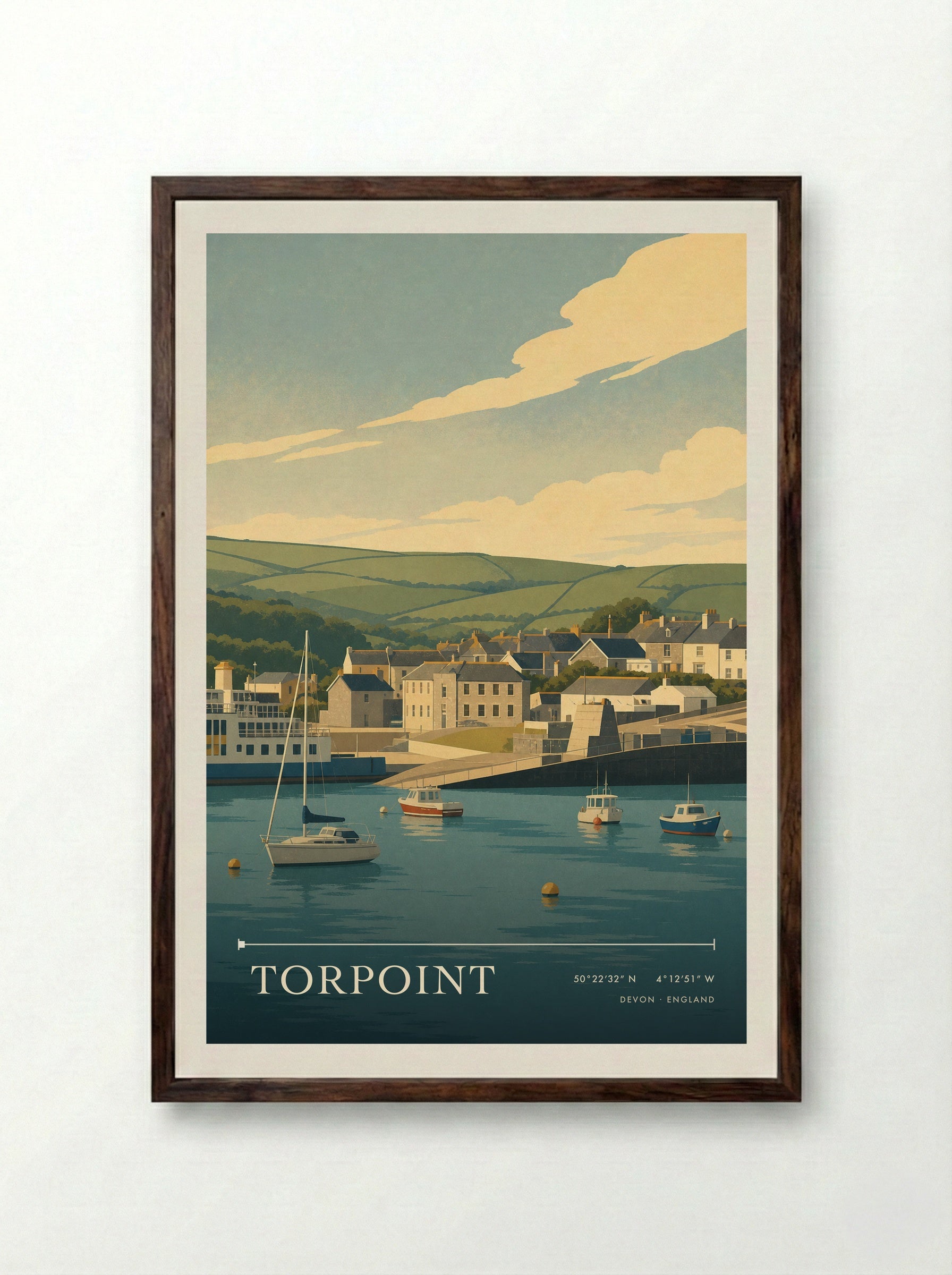 Torpoint Devon England Travel Poster - Framed Print Dark Wood