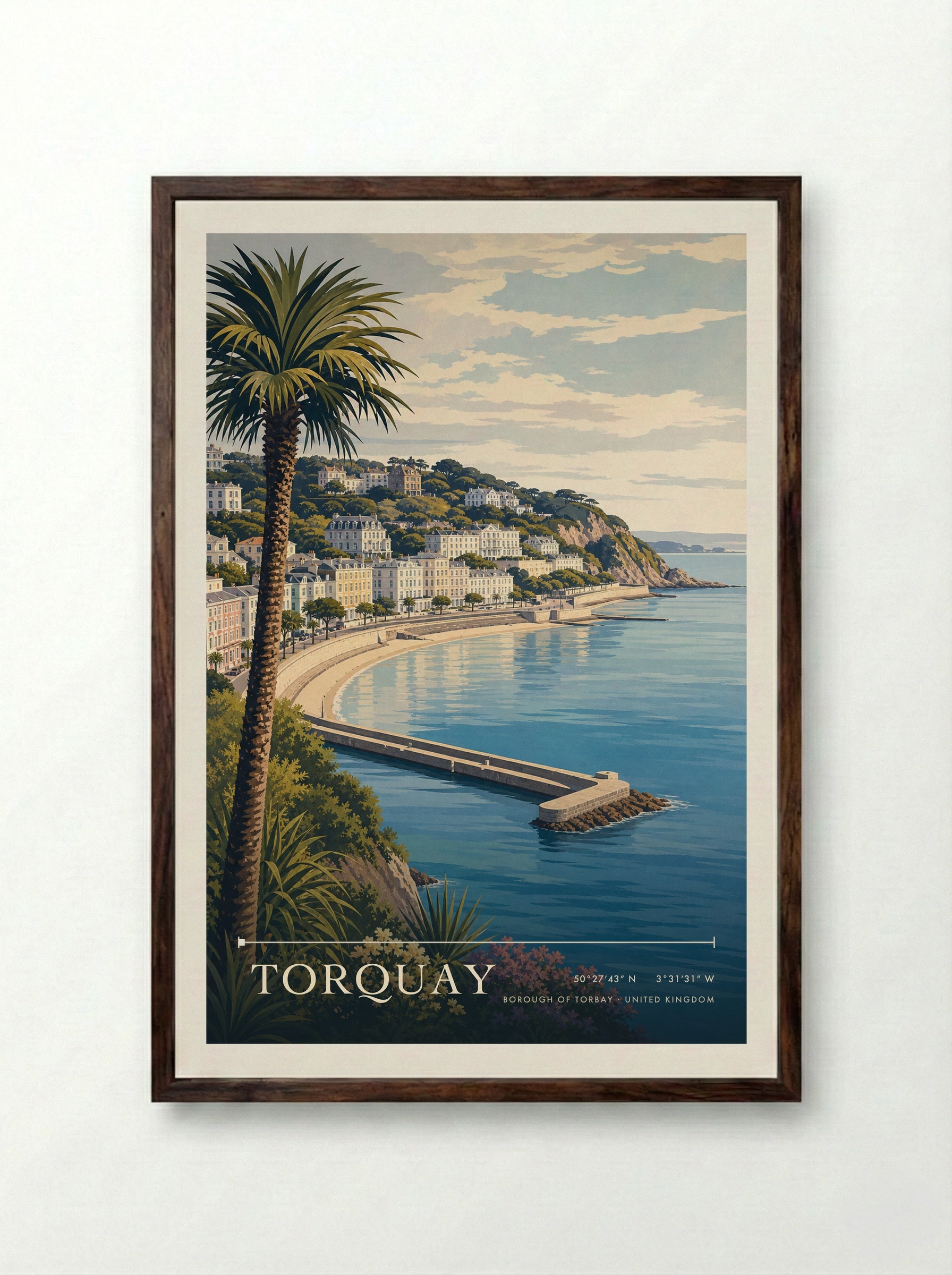 Torquay Borough of Torbay United Kingdom Travel Poster - Framed Print Dark Wood