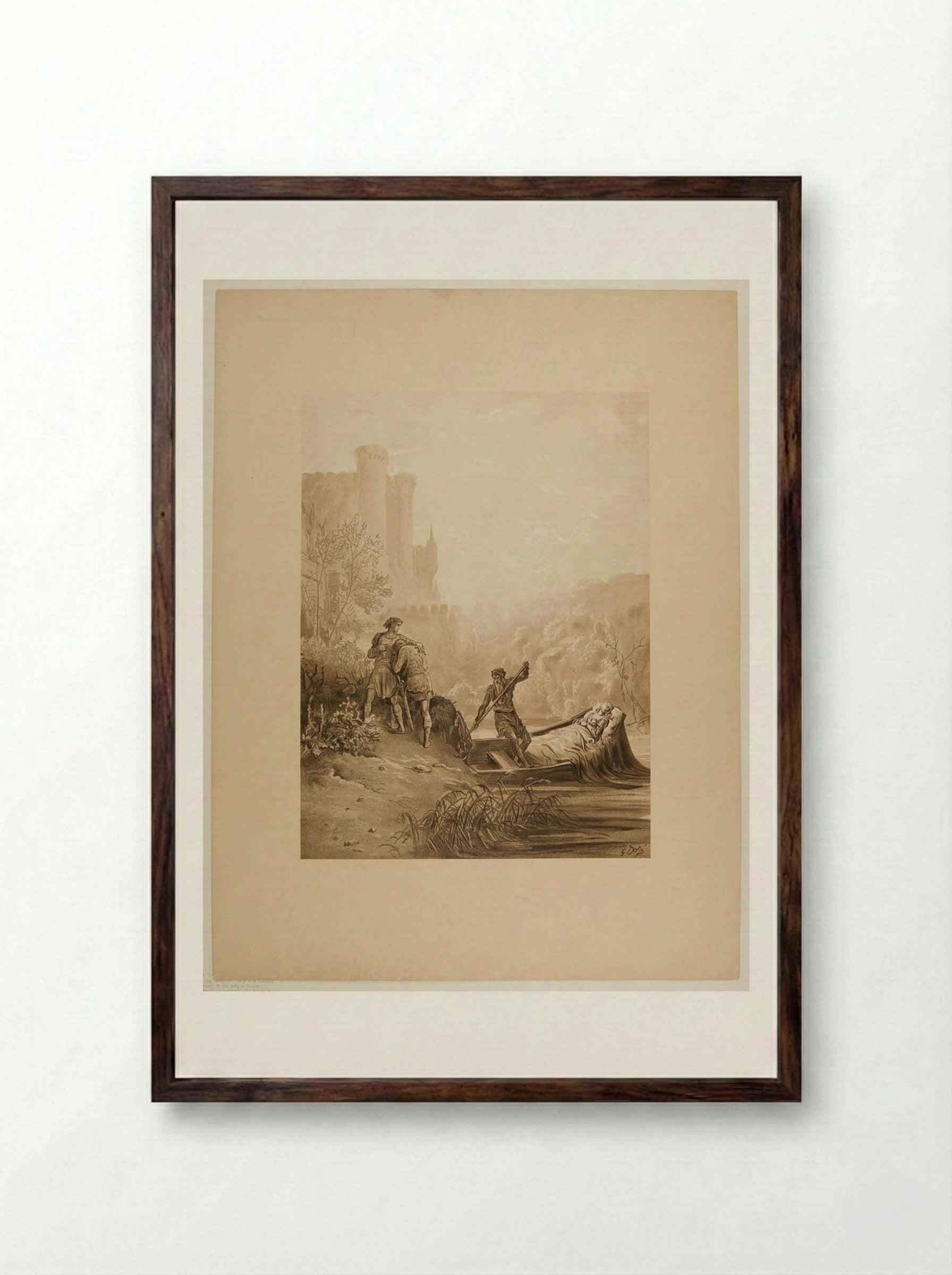Torre and Lavaine Bid Farewell to the Body of Elaine - Gustave Doré - Framed Print Dark Wood