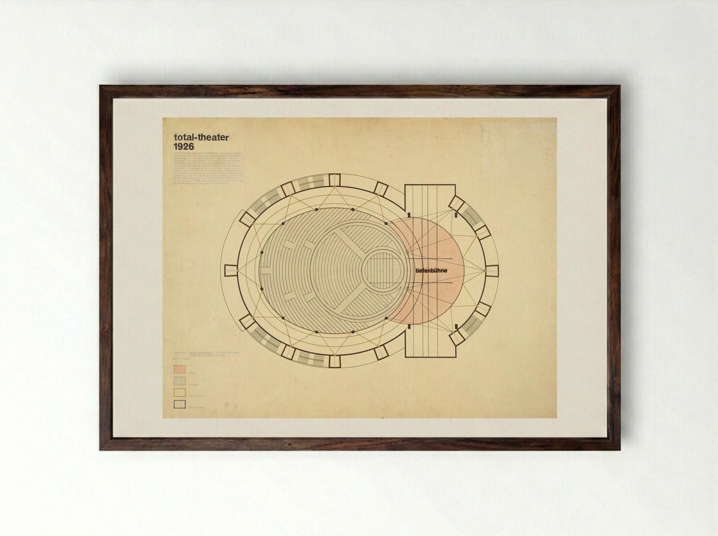 Total Theatre for Erwin Piscator: Floor Plan - Walter Gropius - Framed Print Dark Wood