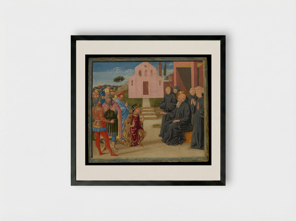 Totila before Saint Benedict - Benozzo Gozzoli - Framed Print Black