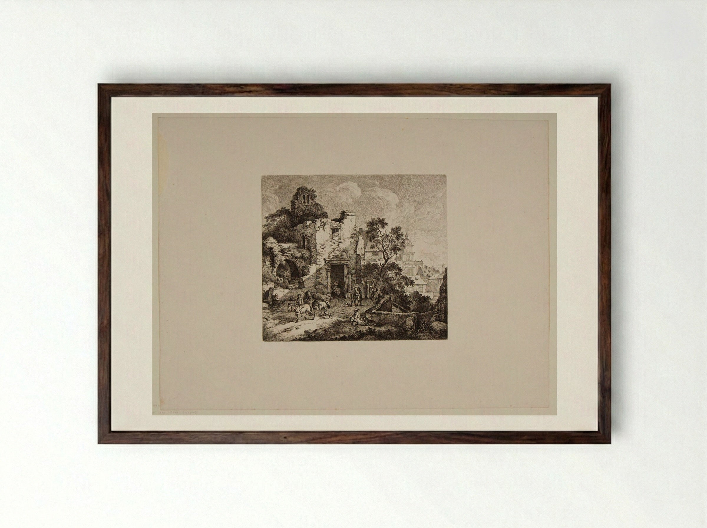 Tower and Arch in Ruins - Ferdinand Kobell - Framed Print Dark Wood