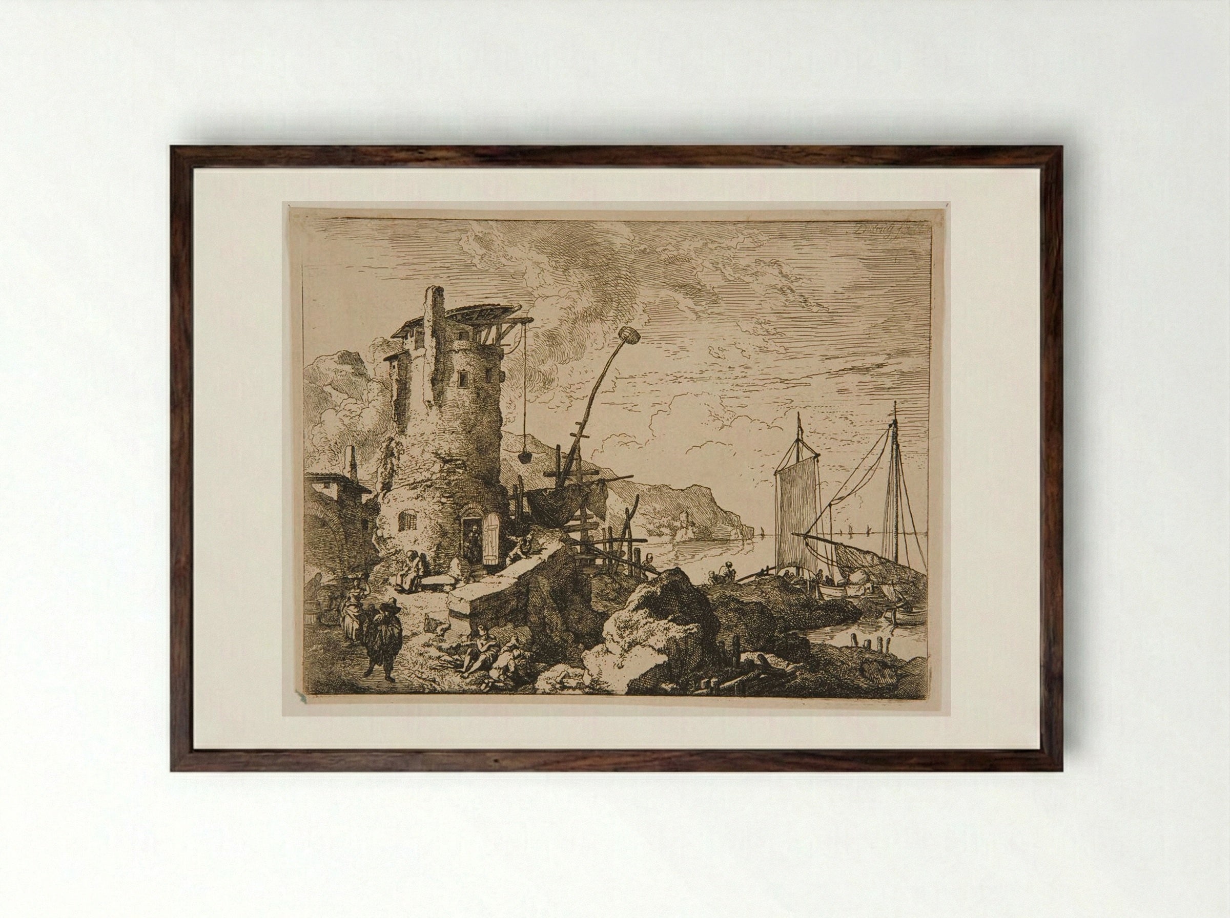 Tower by the Sea - Christian Wilhelm Ernst Dietrich - Framed Print Dark Wood