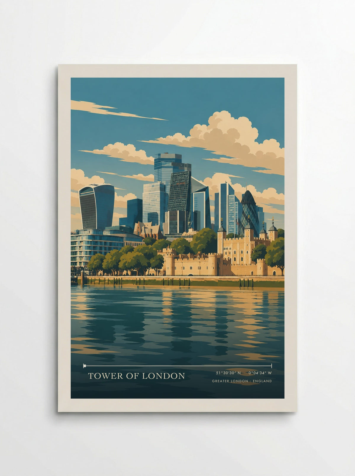 Tower of London, Greater London travel poster: golden battlements and pointed turrets beneath blue glass skyscrapers, reflected in sunlit riverside water