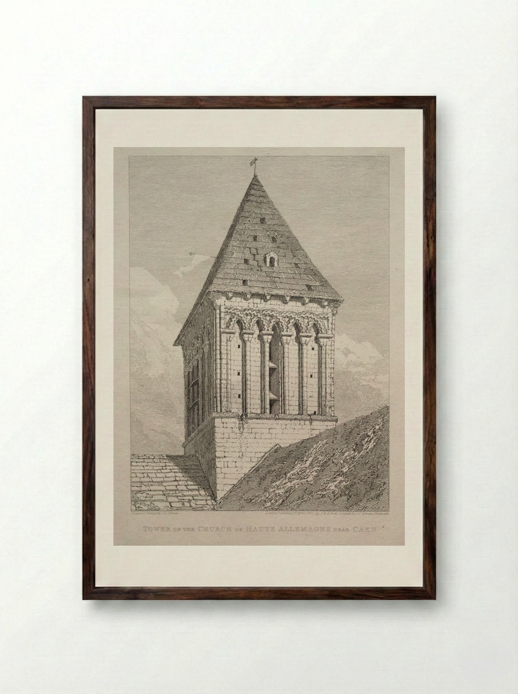 Tower of the Church of Haute Allemagne near Caen - John Sell Cotman - Framed Print Dark Wood