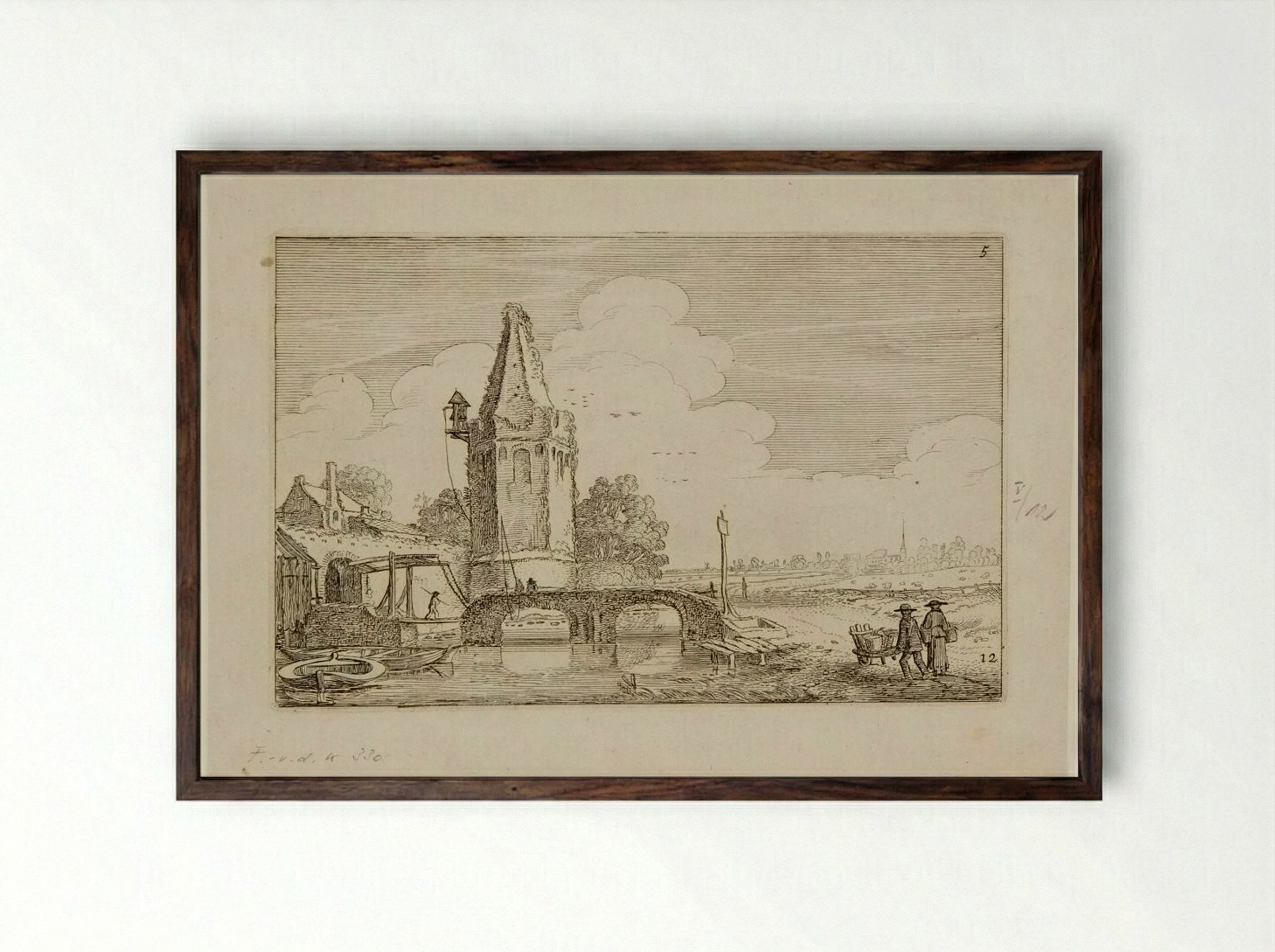 Tower on the River Niers - Jan van de Velde II - Framed Print Dark Wood