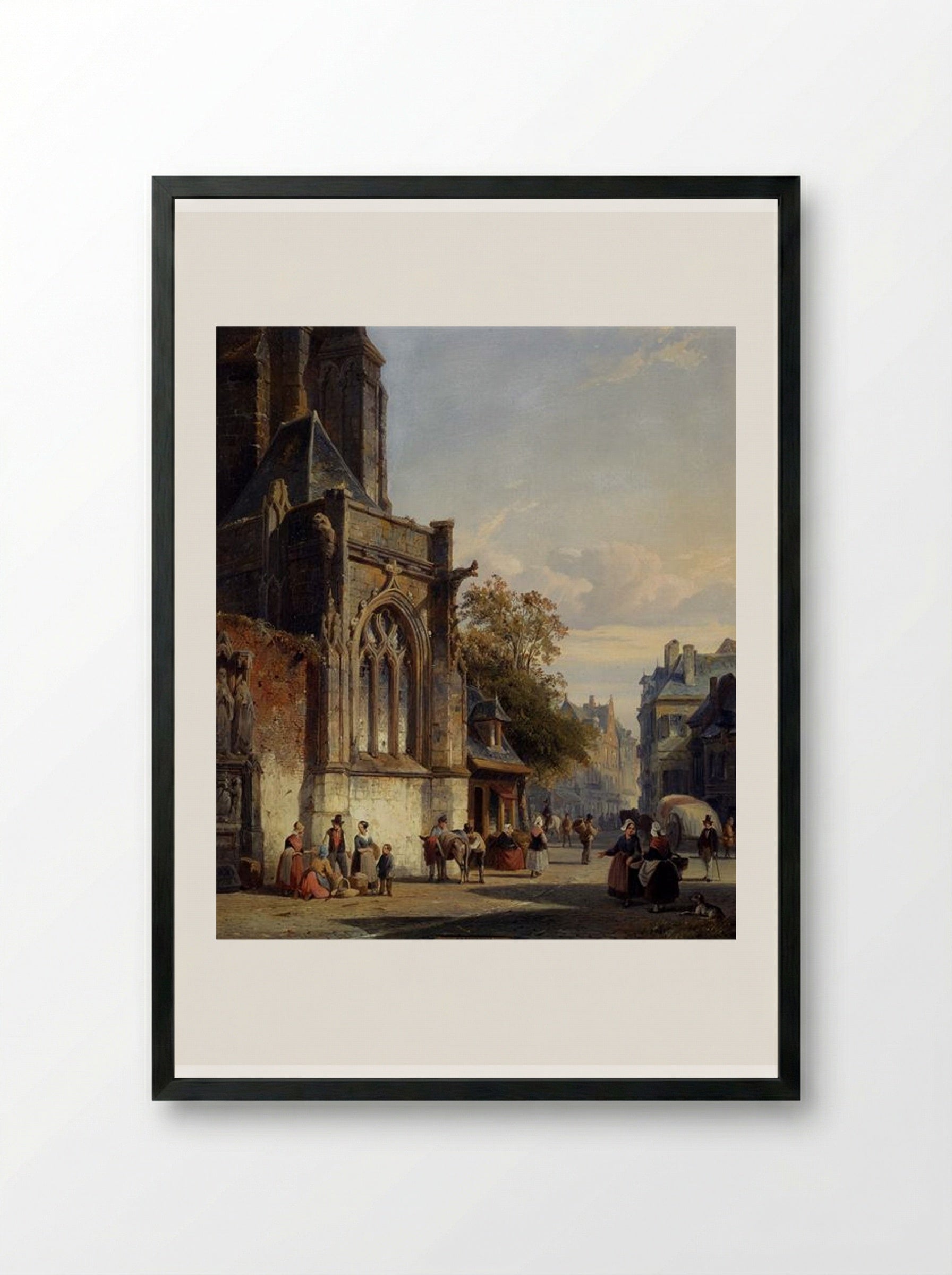 Town Square Before A Church A Capriccio - Cornelis Springer - Framed Print Black