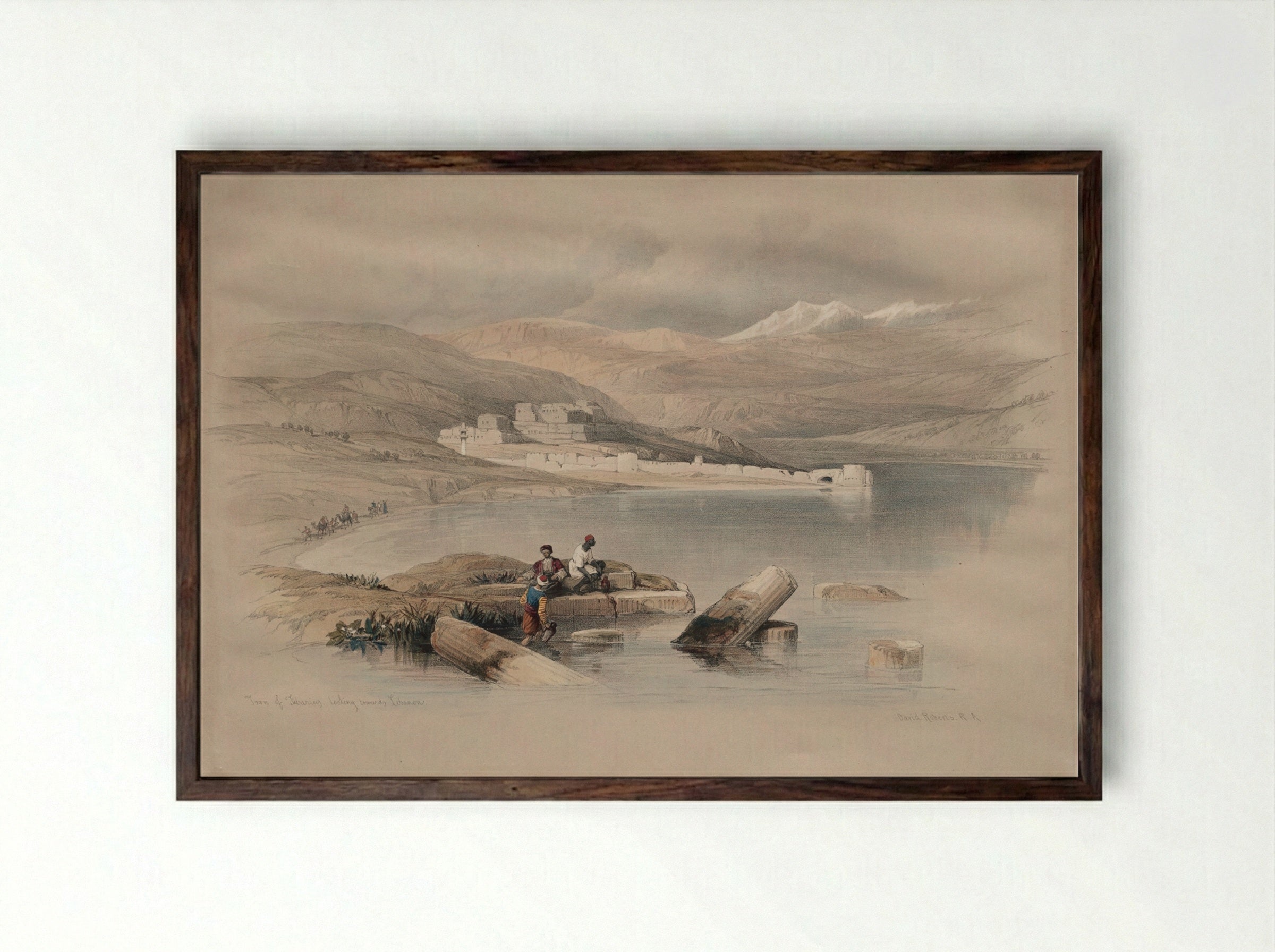 Town of Tiberias Looking Towards Lebanon - David Roberts - Framed Print Dark Wood