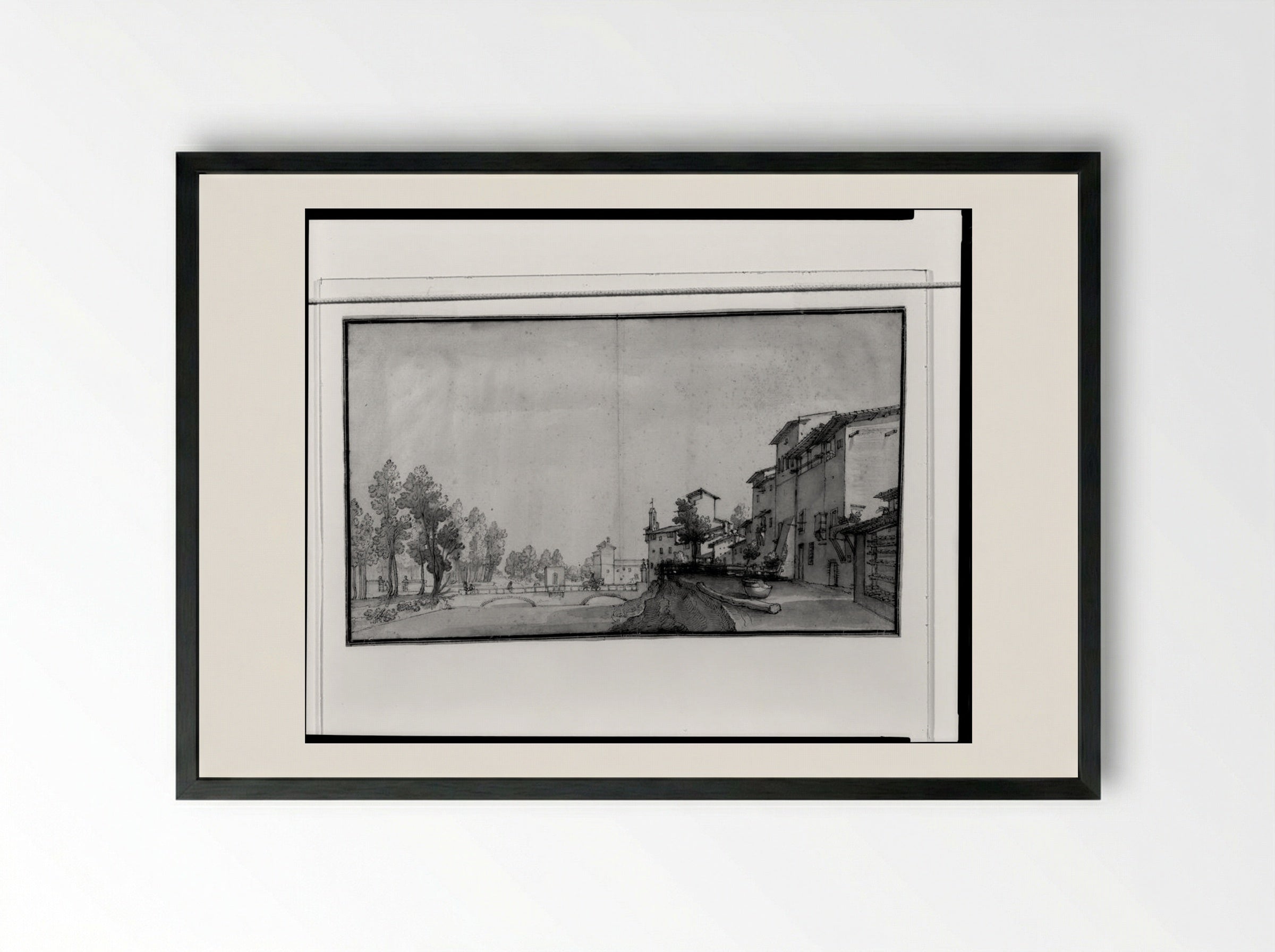 Townscape Near a River - Remigio Cantagallina - Framed Print Black