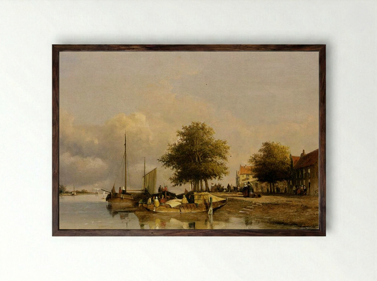 Townsfolk on a quay, Wijk Bij Duursrede - Johan Hendrik Weissenbruch - Framed Print Dark Wood