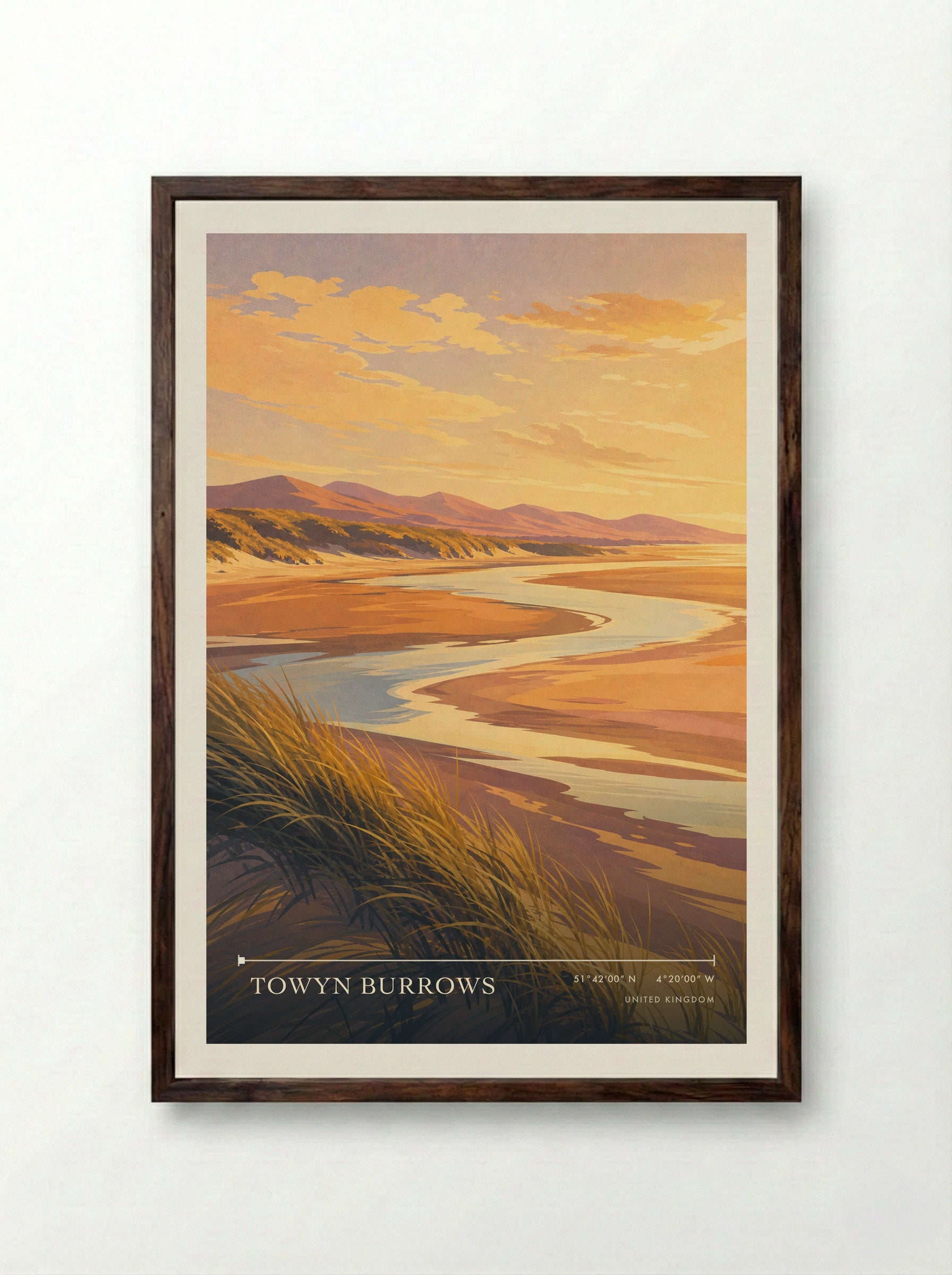 Towyn Burrows United Kingdom Travel Poster - Framed Print Dark Wood