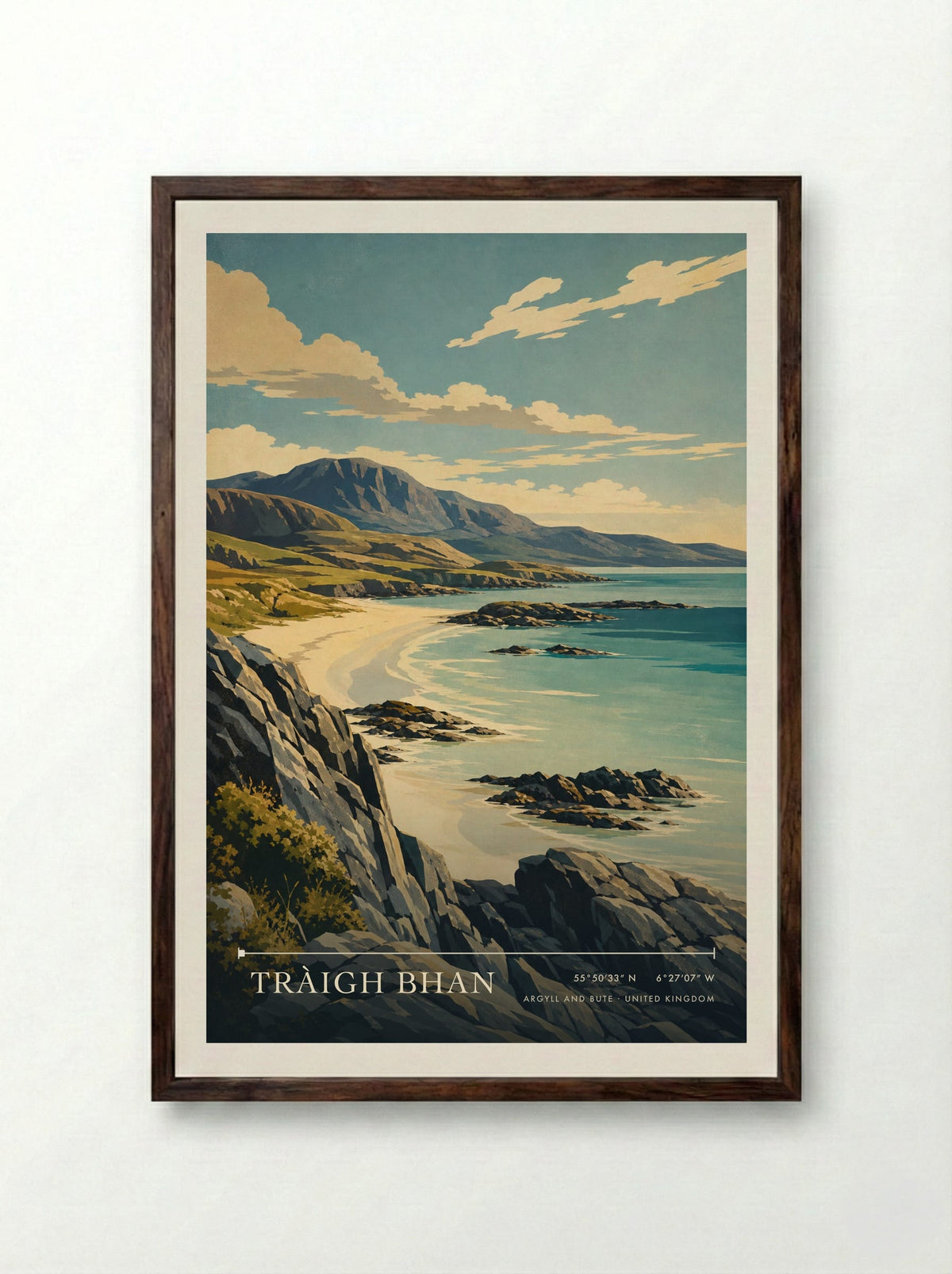 Tràigh Bhan Argyll and Bute United Kingdom Travel Poster - Framed Print Dark Wood