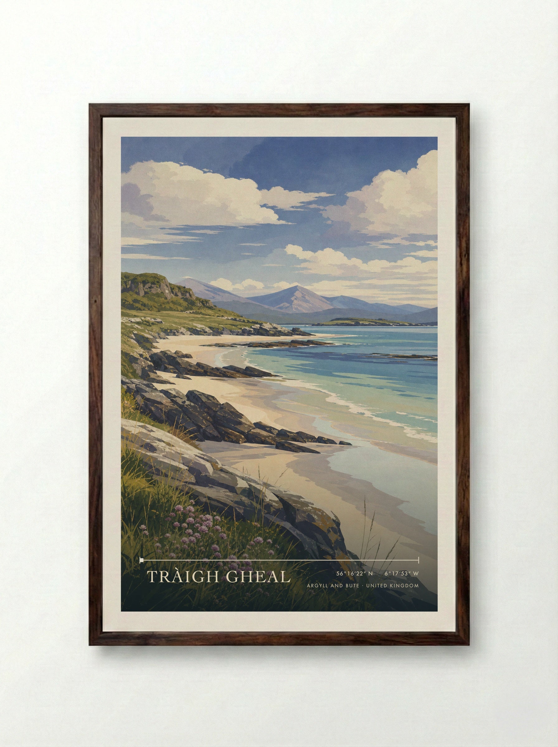 Tràigh Gheal Argyll and Bute United Kingdom Travel Poster - Framed Print Dark Wood