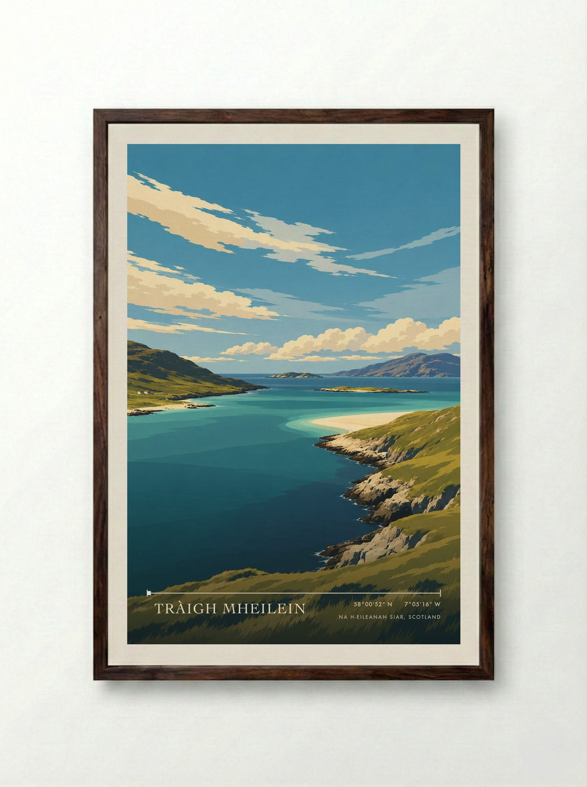 Tràigh Mheilein, Na h-Eileanan Siar, Scotland | Travel Poster - Framed Print Dark Wood