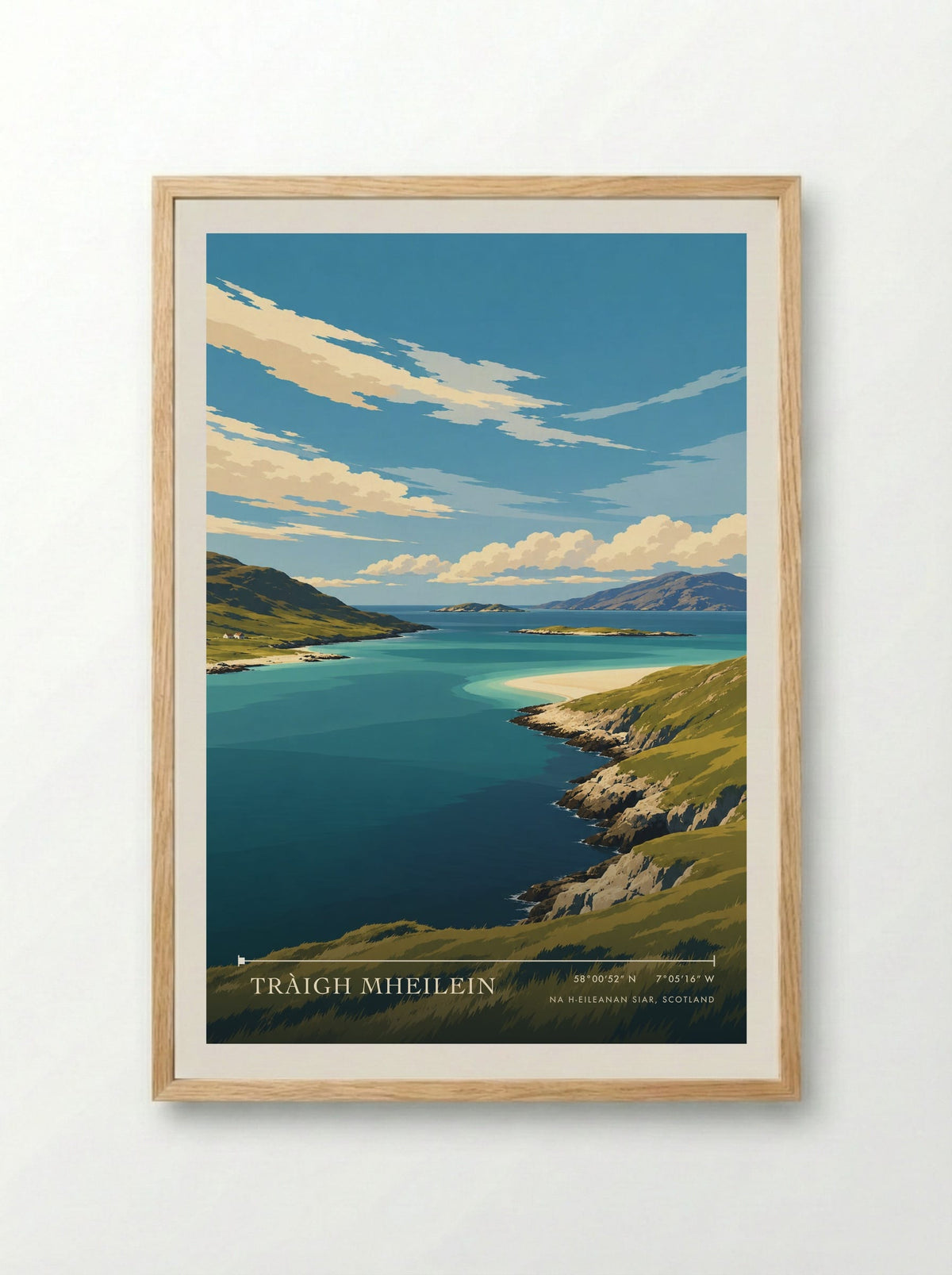 Tràigh Mheilein, Na h-Eileanan Siar, Scotland | Travel Poster - Framed Print Wood