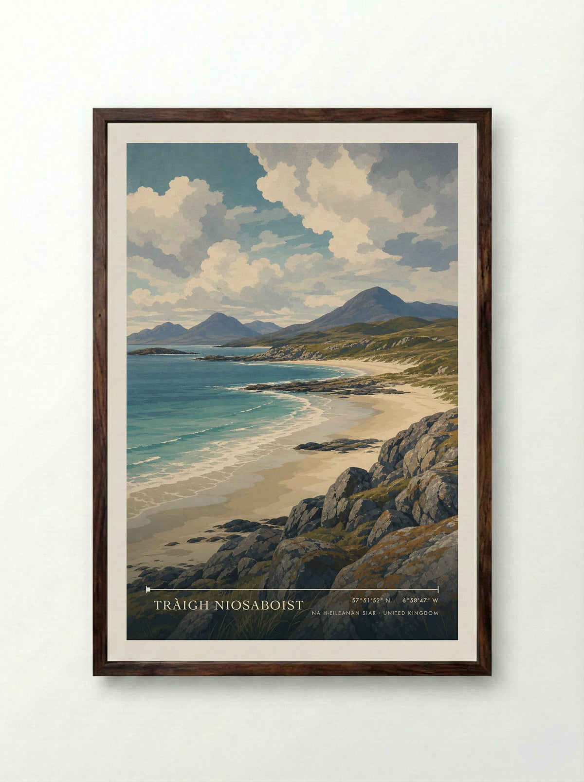 Tràigh Niosaboist Na h-Eileanan Siar United Kingdom Travel Poster - Framed Print Dark Wood