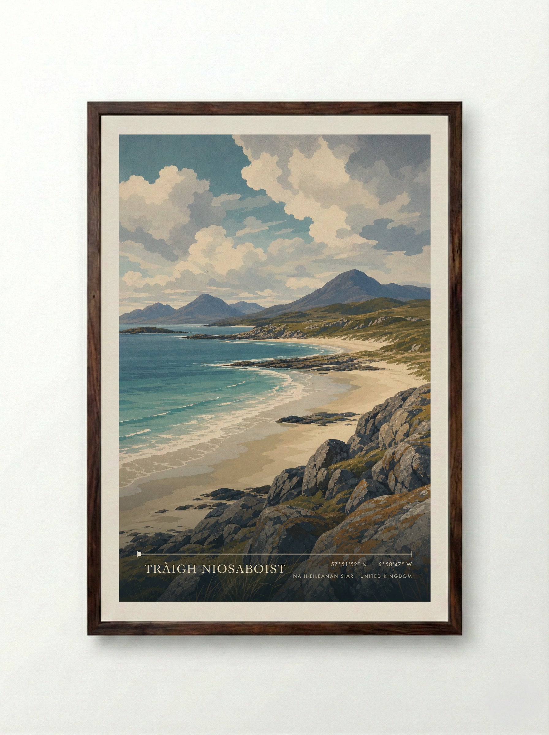 Tràigh Niosaboist Na h-Eileanan Siar United Kingdom Travel Poster - Framed Print Dark Wood