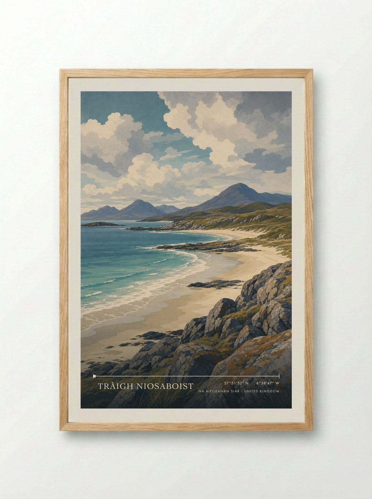 Tràigh Niosaboist Na h-Eileanan Siar United Kingdom Travel Poster - Framed Print Wood