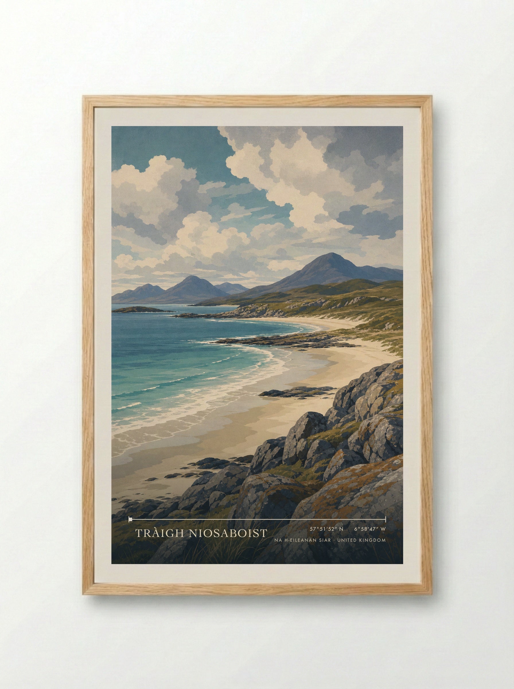 Tràigh Niosaboist Na h-Eileanan Siar United Kingdom Travel Poster - Framed Print Wood
