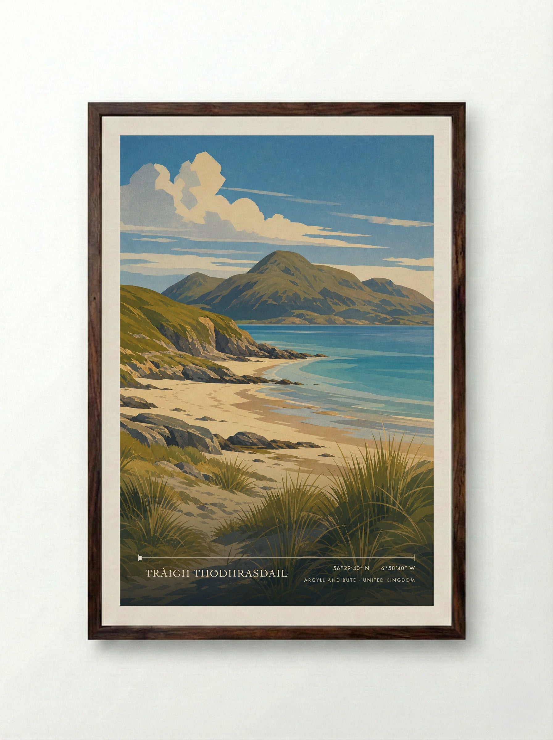Tràigh Thodhrasdail Argyll and Bute United Kingdom Travel Poster - Framed Print Dark Wood