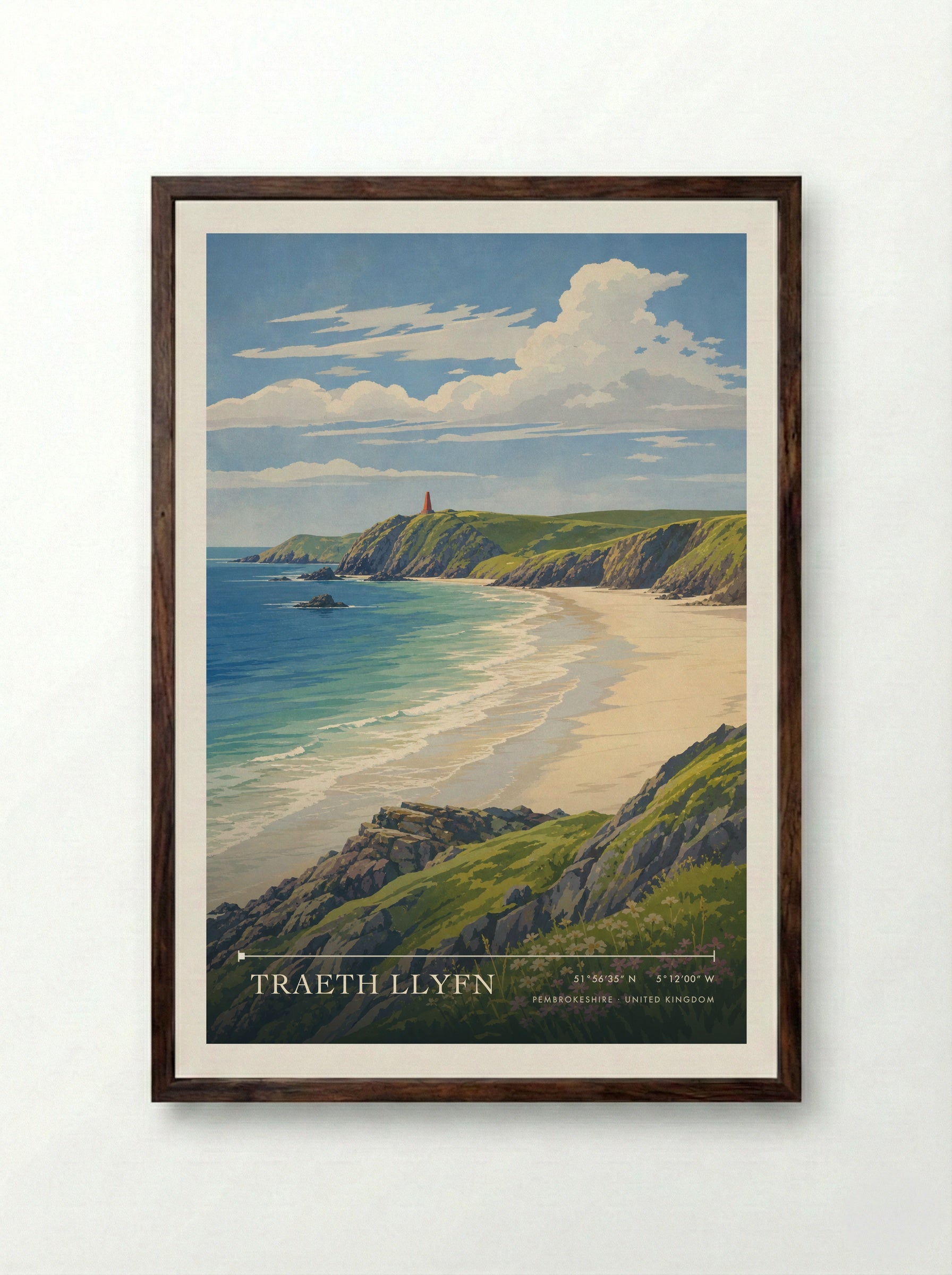 Traeth Llyfn Pembrokeshire United Kingdom Travel Poster - Framed Print Dark Wood