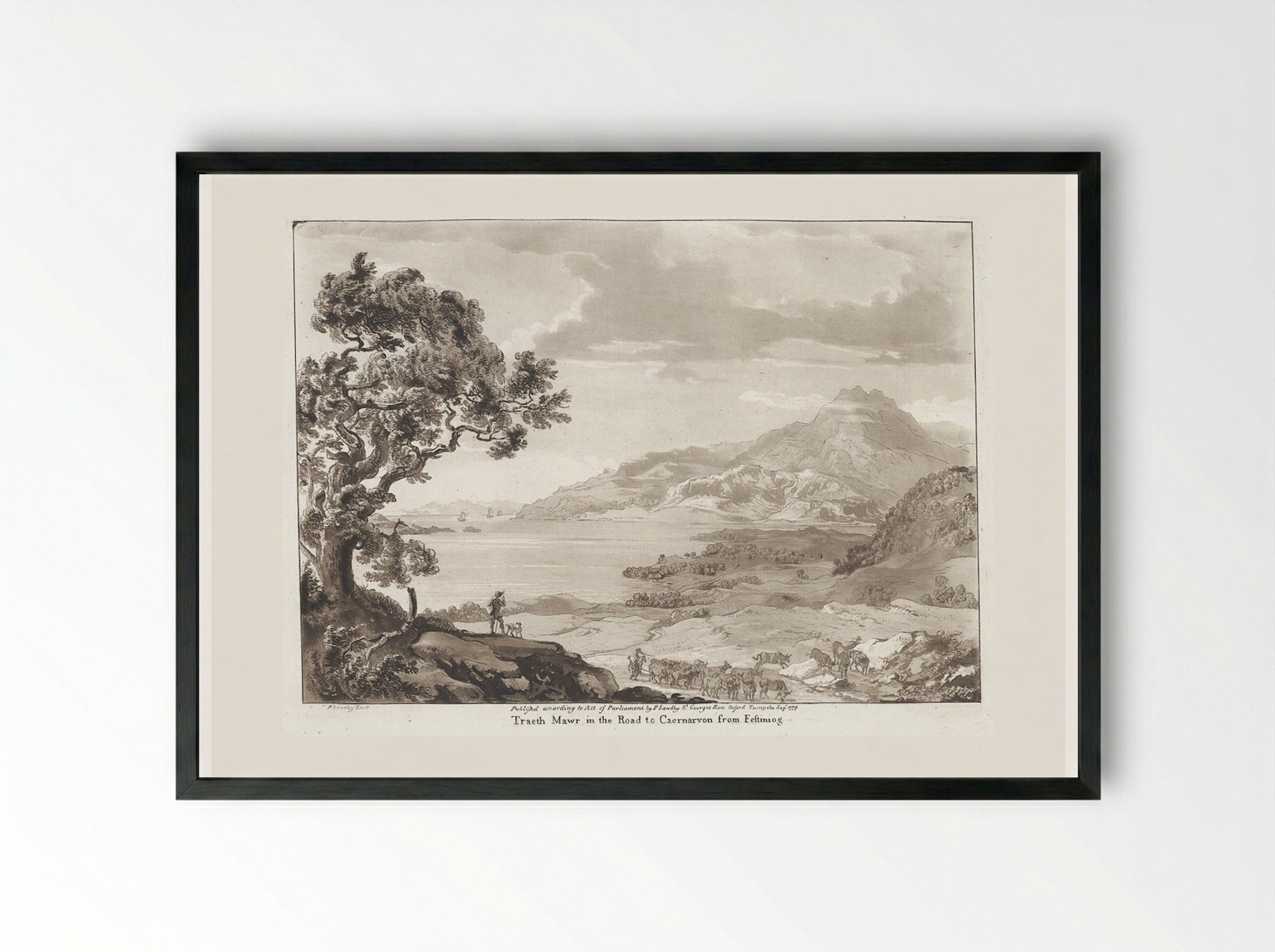 Traeth Mawr in the Road to Caernarvon from Festiniog - Paul Sandby - Framed Print Black