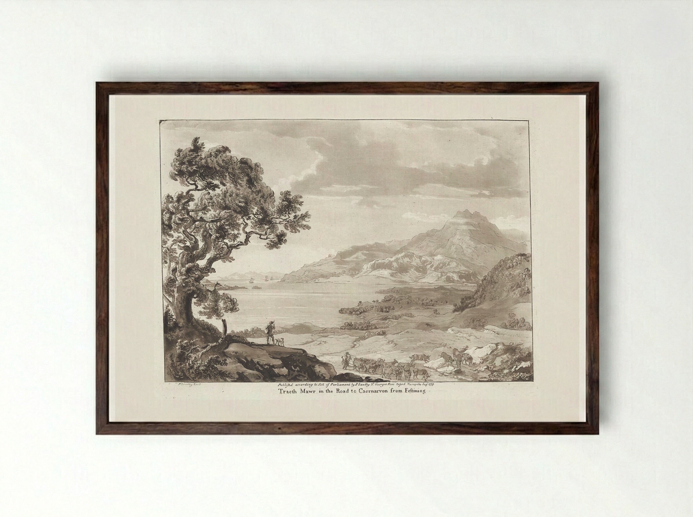 Traeth Mawr in the Road to Caernarvon from Festiniog - Paul Sandby - Framed Print Dark Wood
