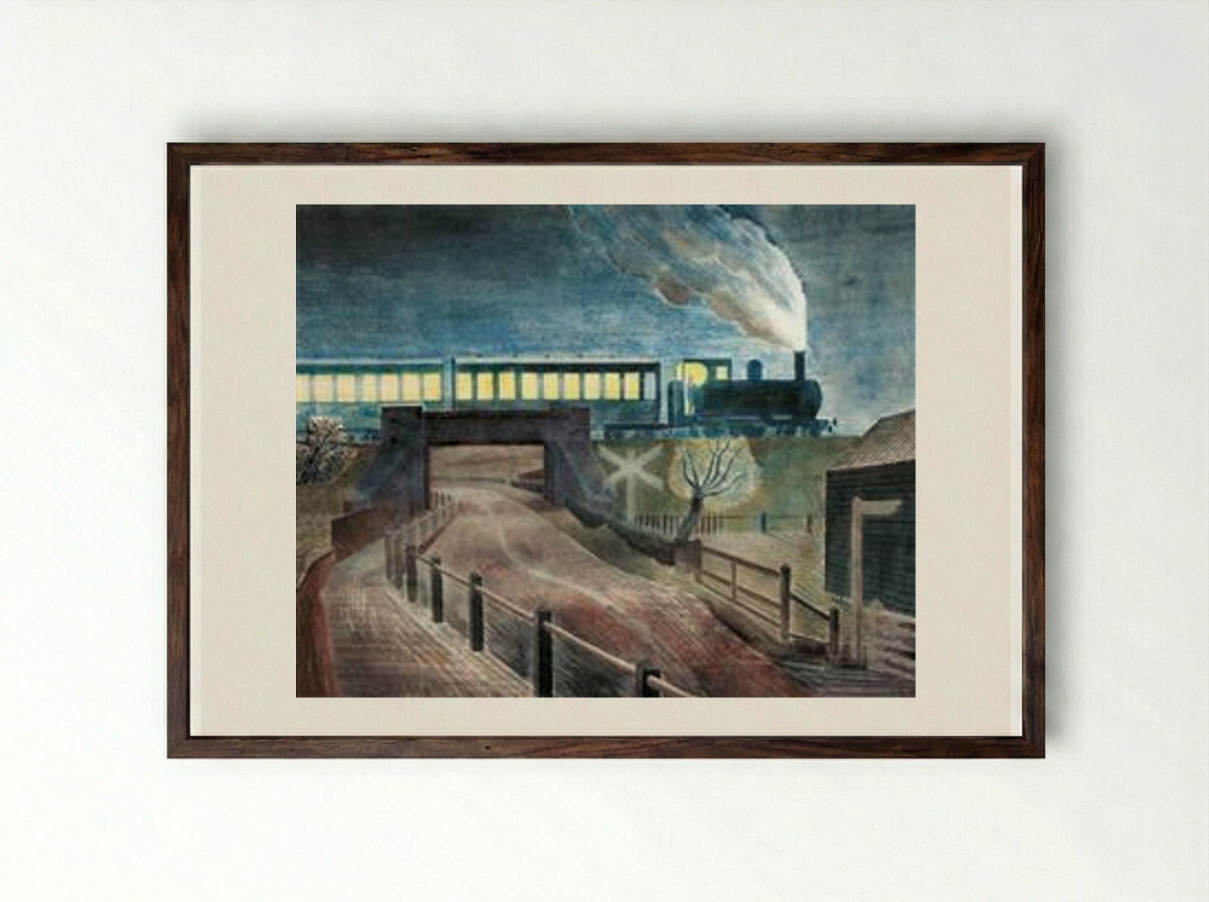Train Going over a Bridge at Night - Eric Ravilious - Framed Print Dark Wood