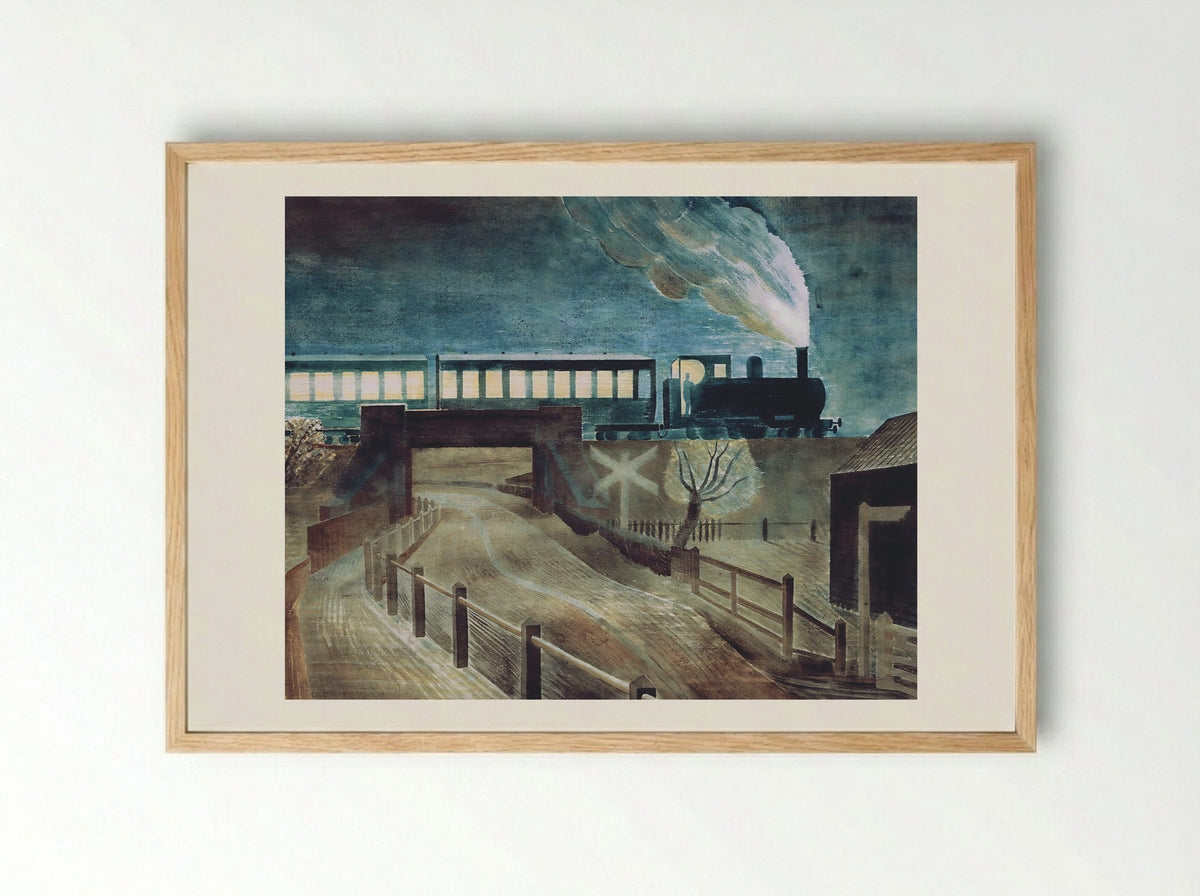 Train Going over a Bridge at Night - Eric Ravilious - Framed Print Wood