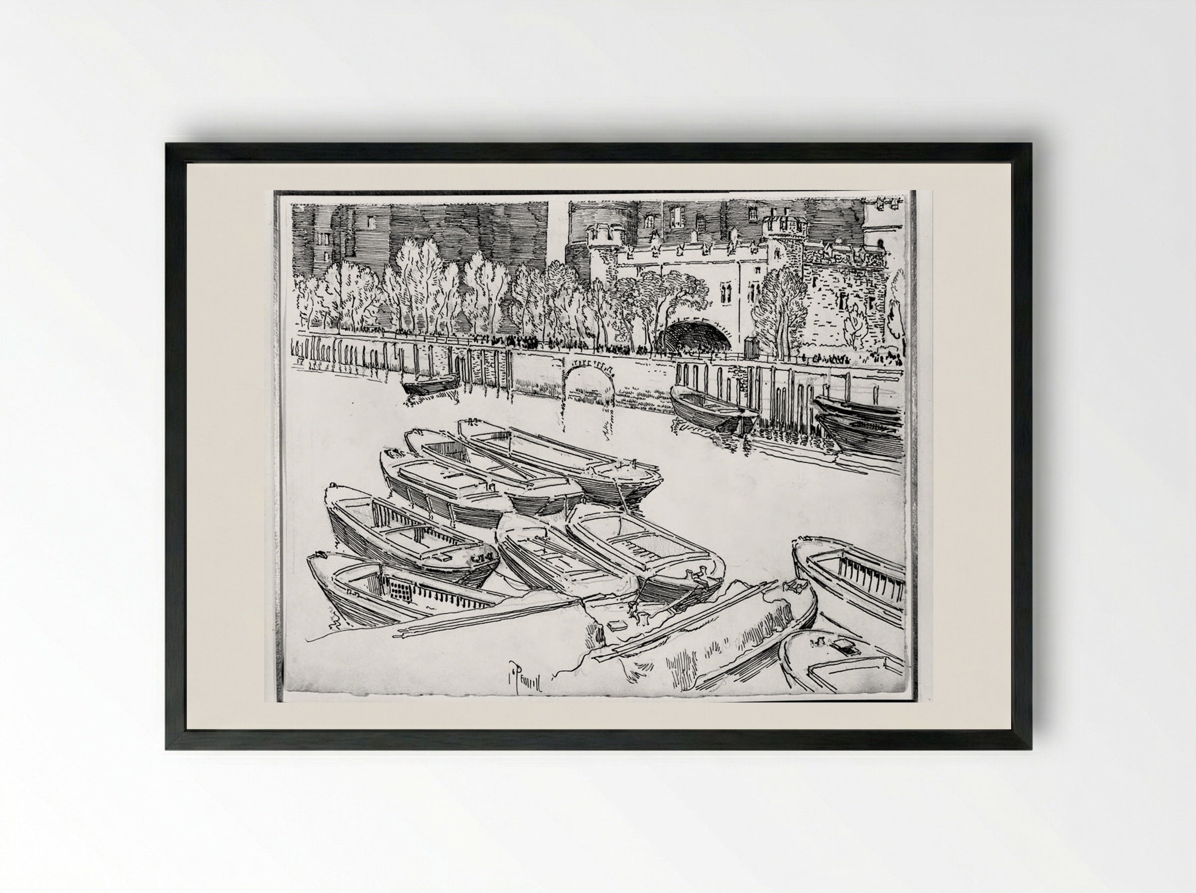 Traitors Gate from the River - Joseph Pennell - Framed Print Black