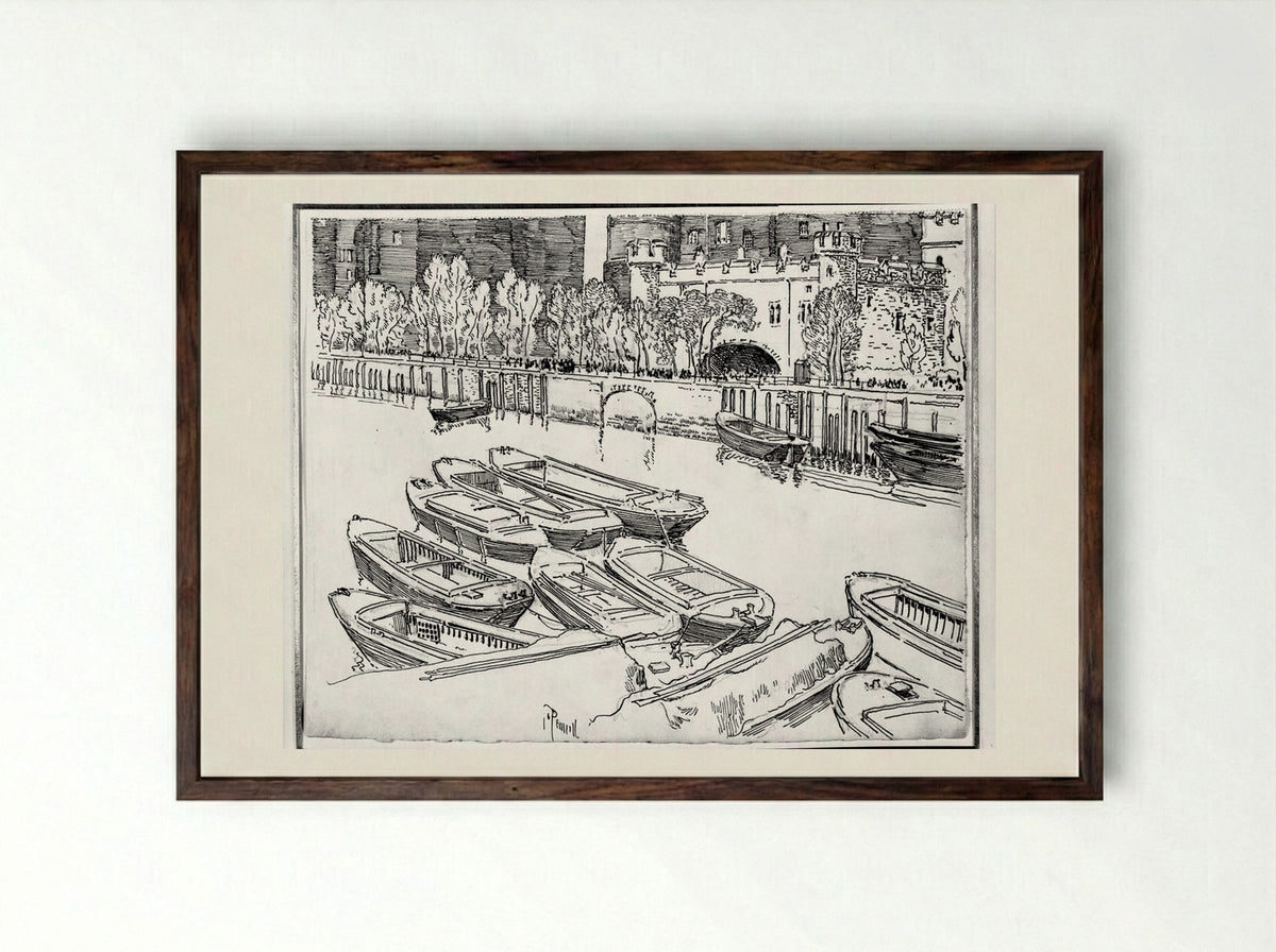 Traitors Gate from the River - Joseph Pennell - Framed Print Dark Wood