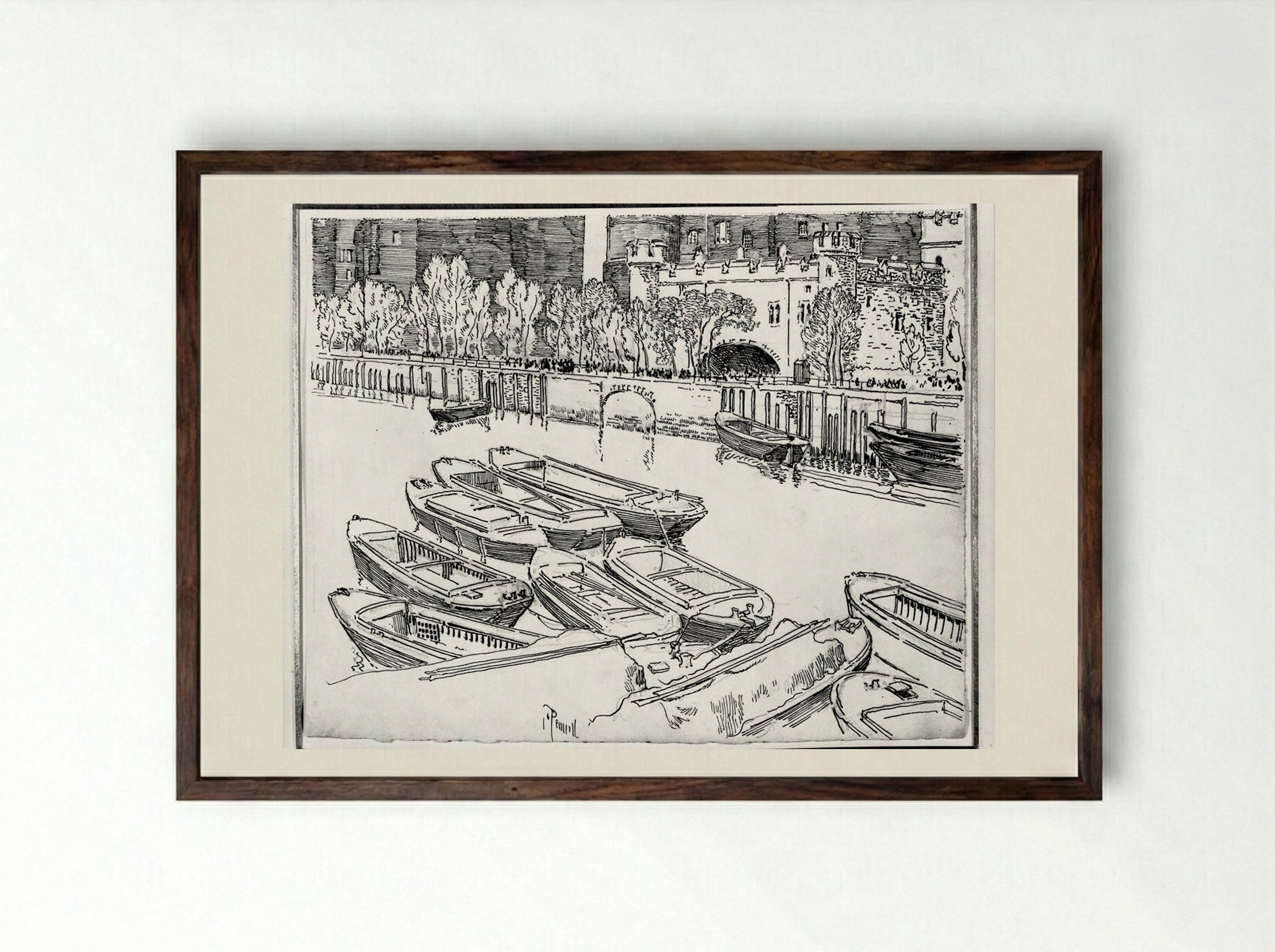 Traitors Gate from the River - Joseph Pennell - Framed Print Dark Wood