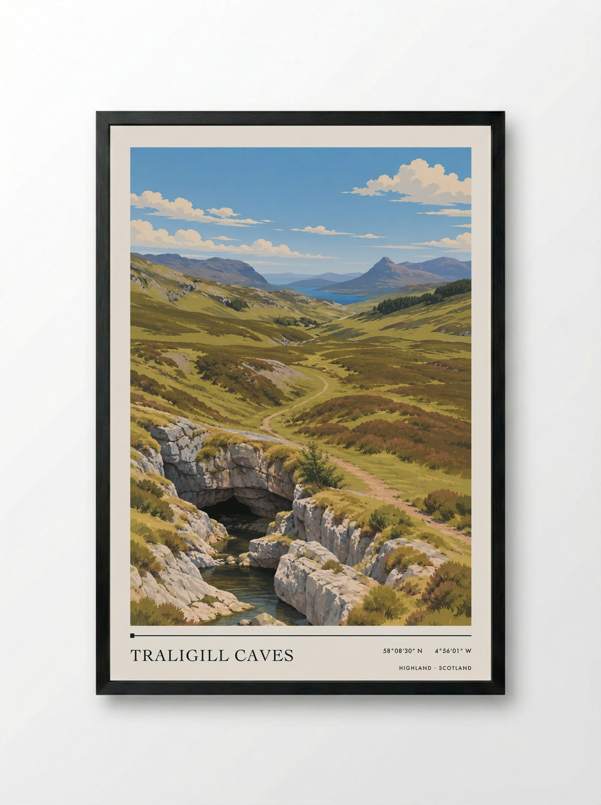 Traligill Caves, Highland | Travel Poster - Framed Print Black
