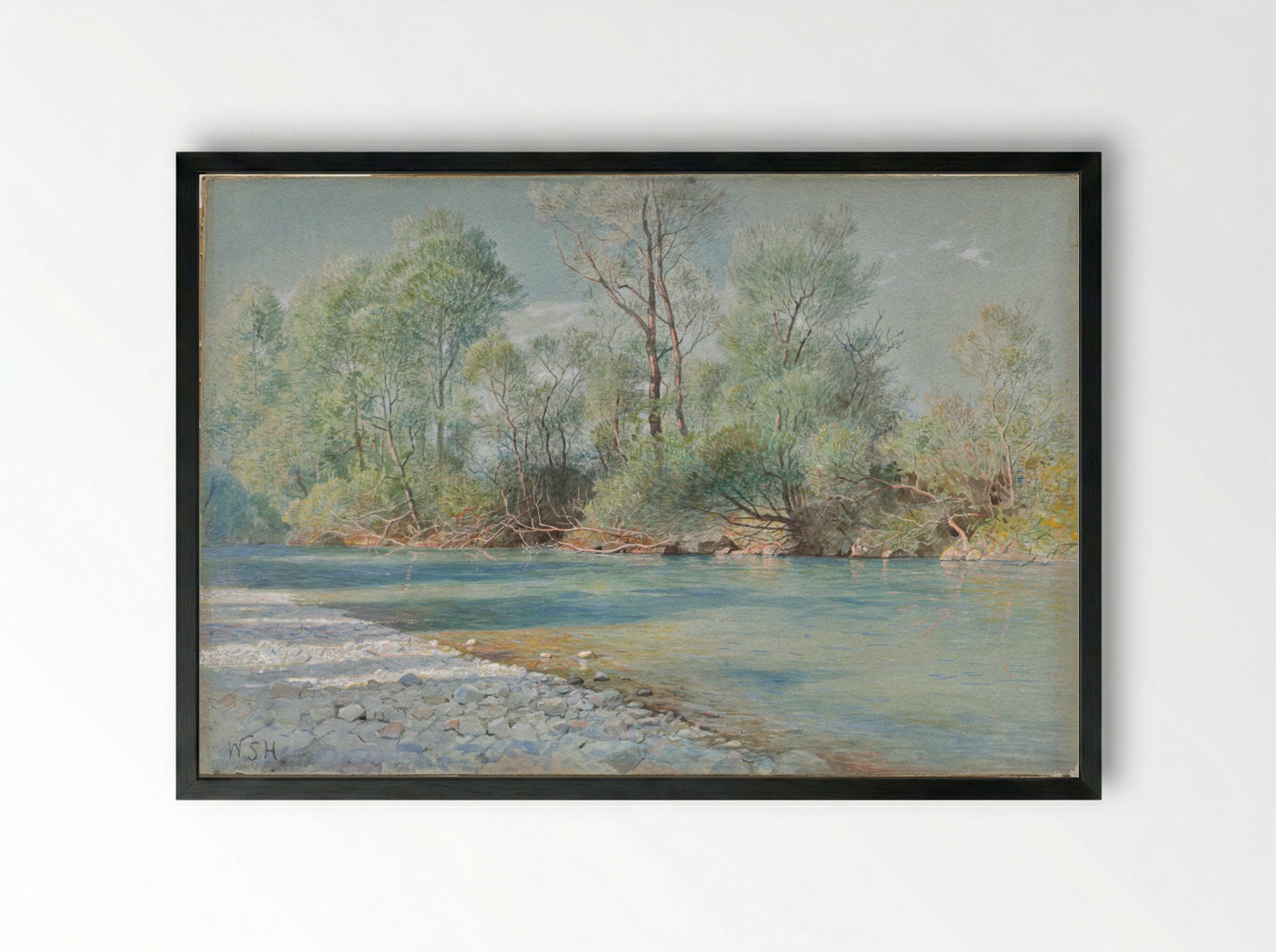 Traunstein River on the Road to Empfig, Bavaria - William Stanley Haseltine - Framed Print Black