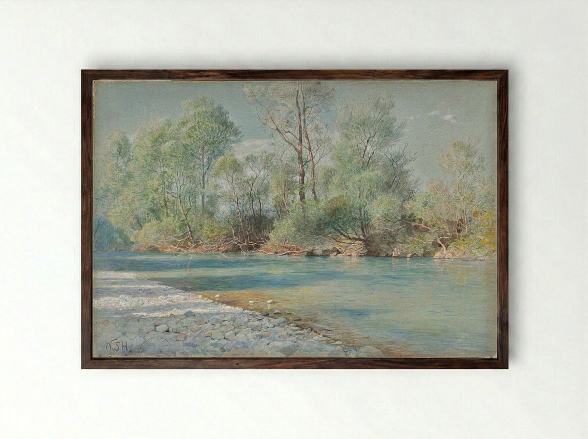 Traunstein River on the Road to Empfig, Bavaria - William Stanley Haseltine - Framed Print Dark Wood