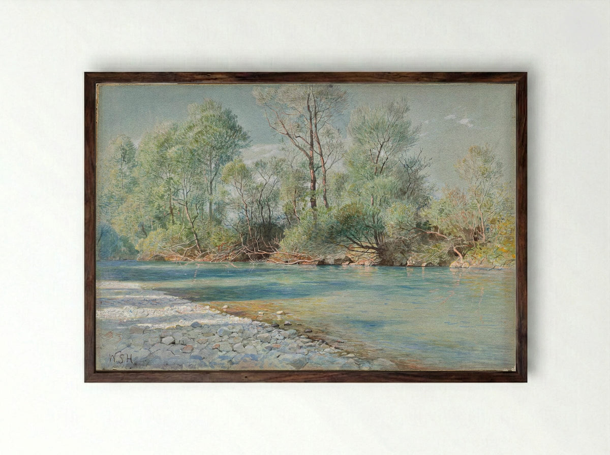 Traunstein River on the Road to Empfig, Bavaria - William Stanley Haseltine - Framed Print Dark Wood