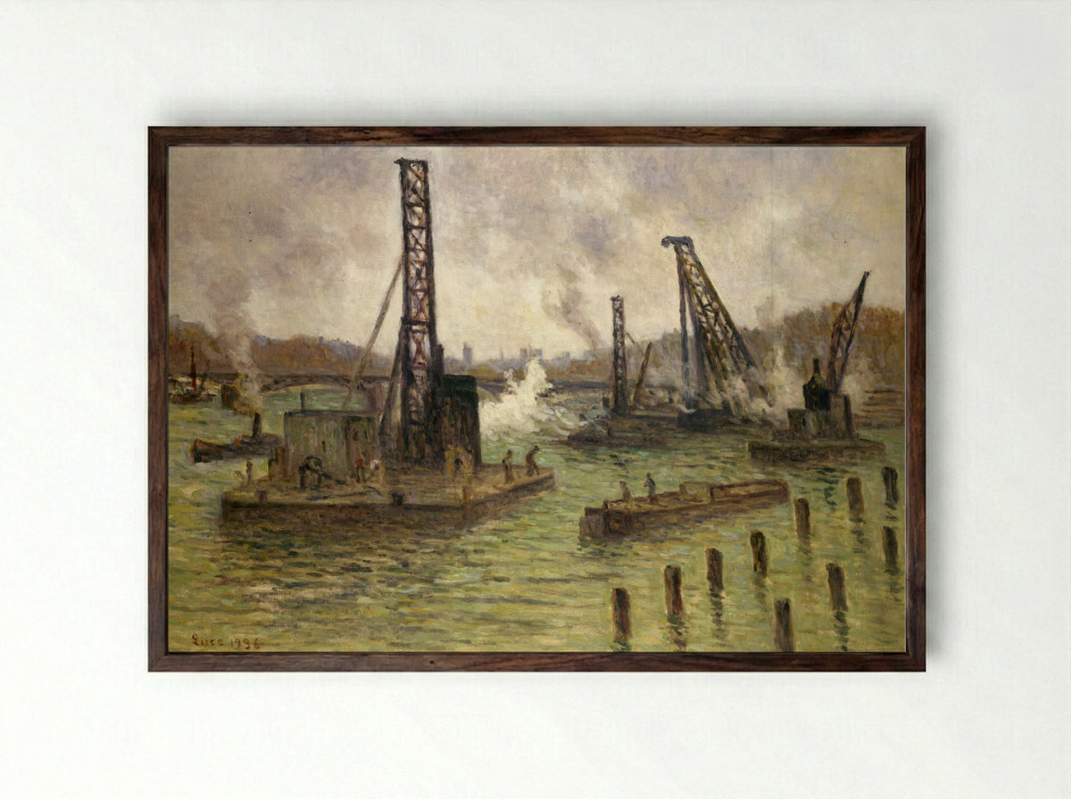 Travaux Sur La Seine, Au Pont Des Saints-Pères - Maximilien Luce - Framed Print Dark Wood