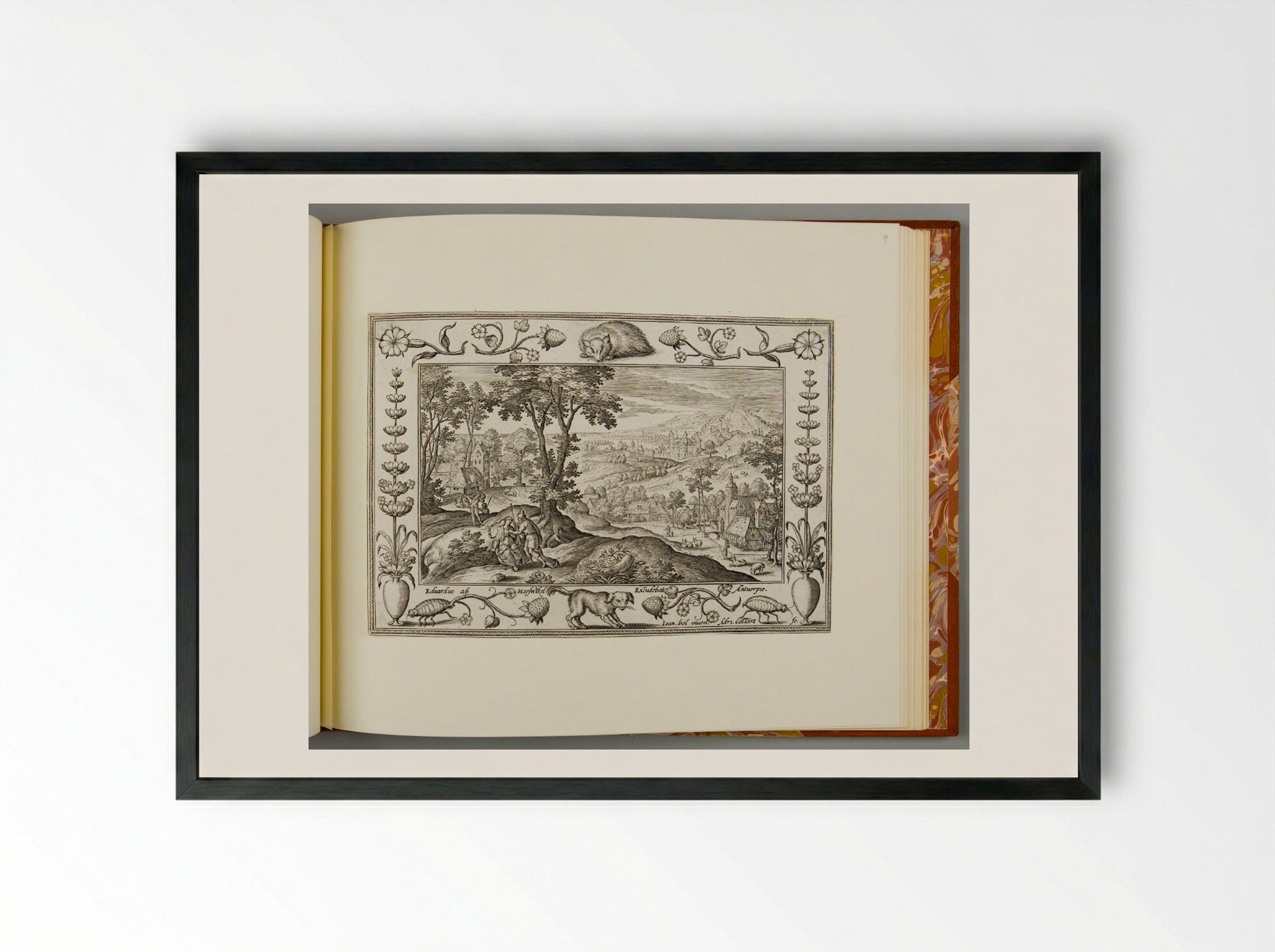 Traveler with Cap and Staff Encounters a Woman, with Badger and Dog - Adriaen Collaert - Framed Print Black