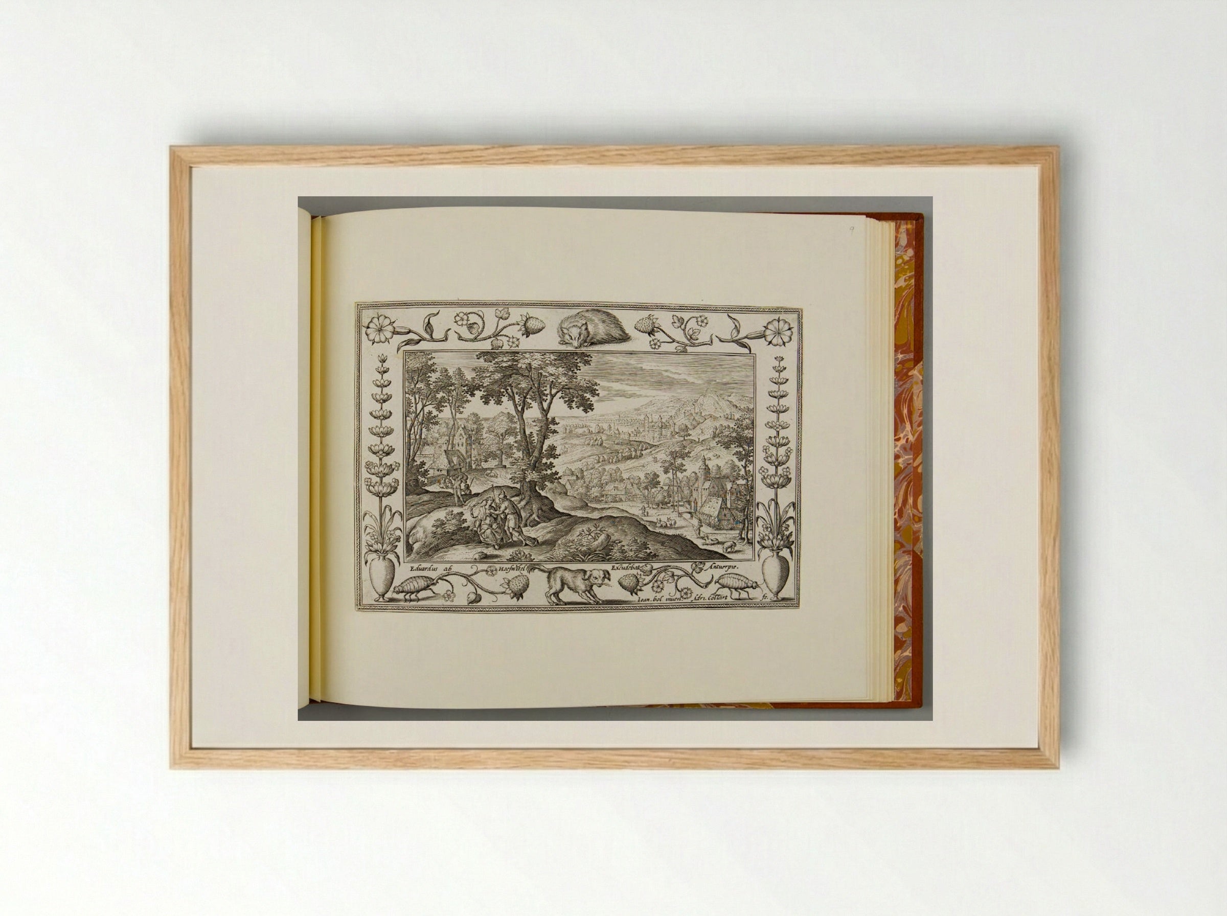 Traveler with Cap and Staff Encounters a Woman, with Badger and Dog - Adriaen Collaert - Framed Print Wood