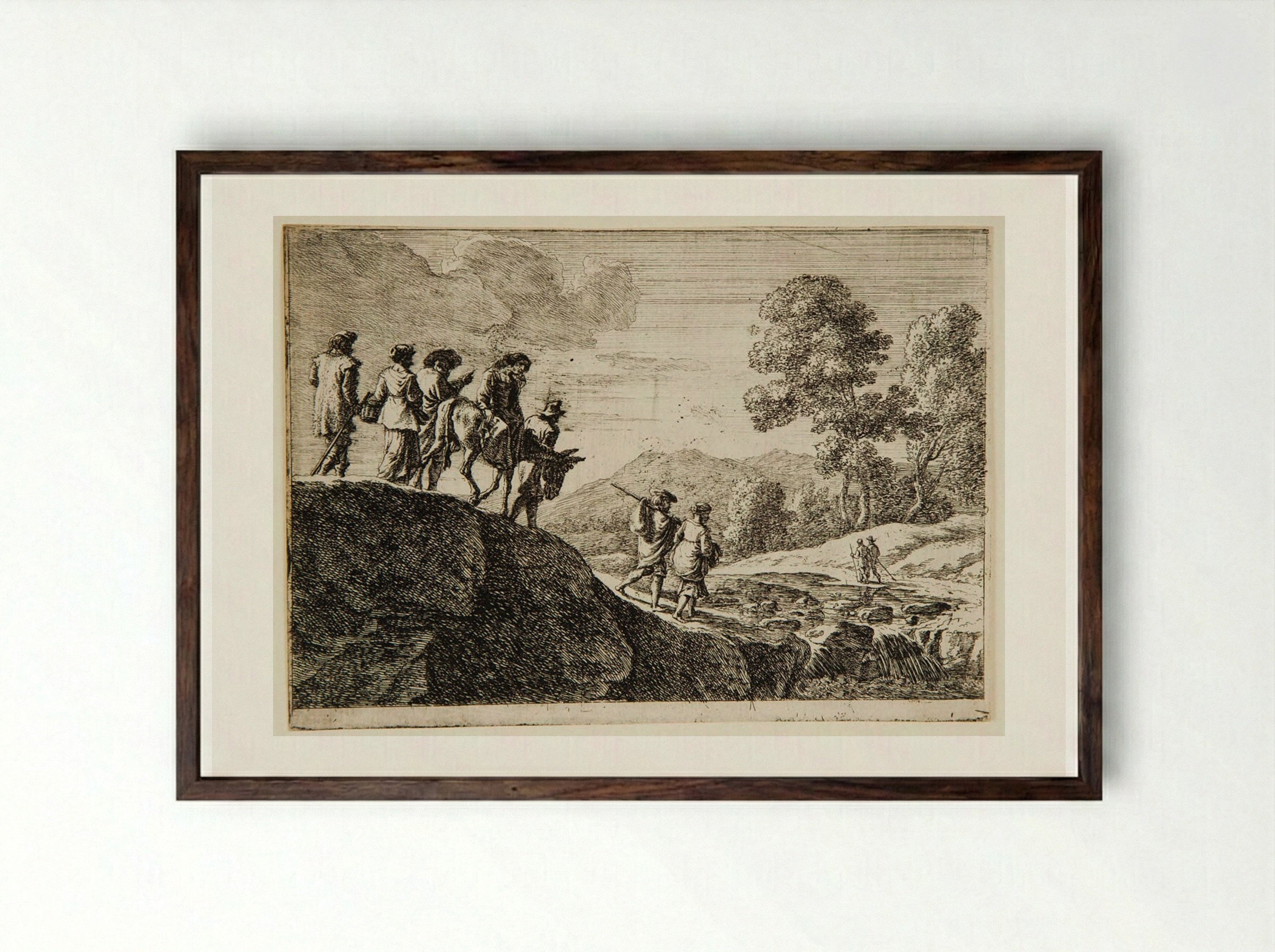 Travelers Descending a Hill - Herman van Swanevelt - Framed Print Dark Wood
