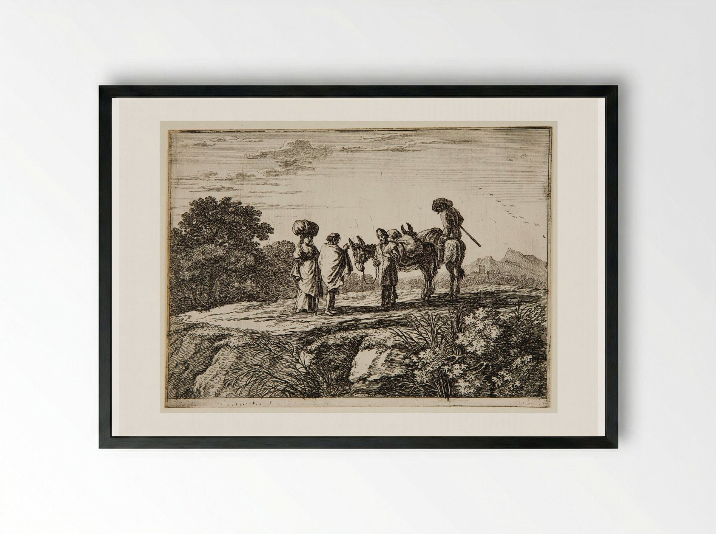 Travelers, One a Woman with a Bundle on Her Head - Herman van Swanevelt - Framed Print Black