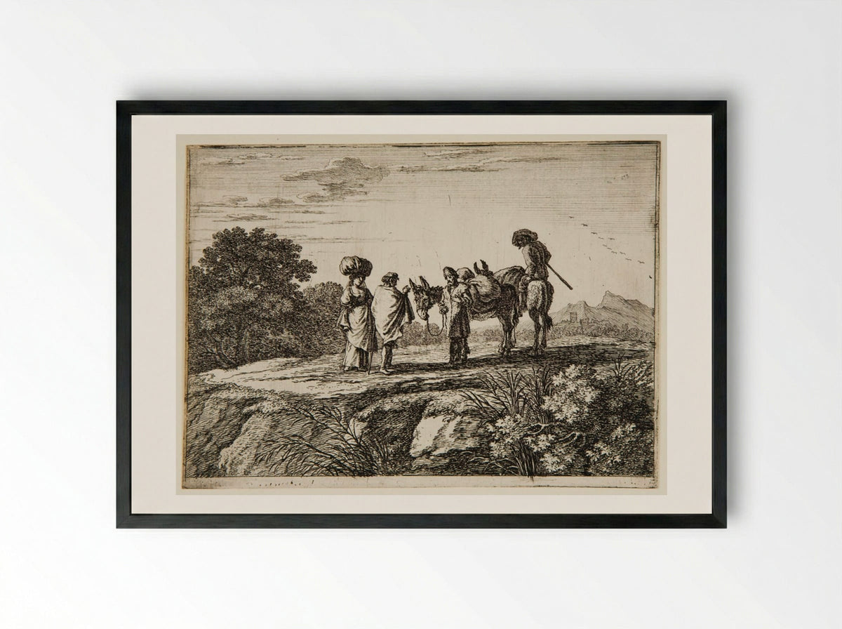 Travelers, One a Woman with a Bundle on Her Head - Herman van Swanevelt - Framed Print Black