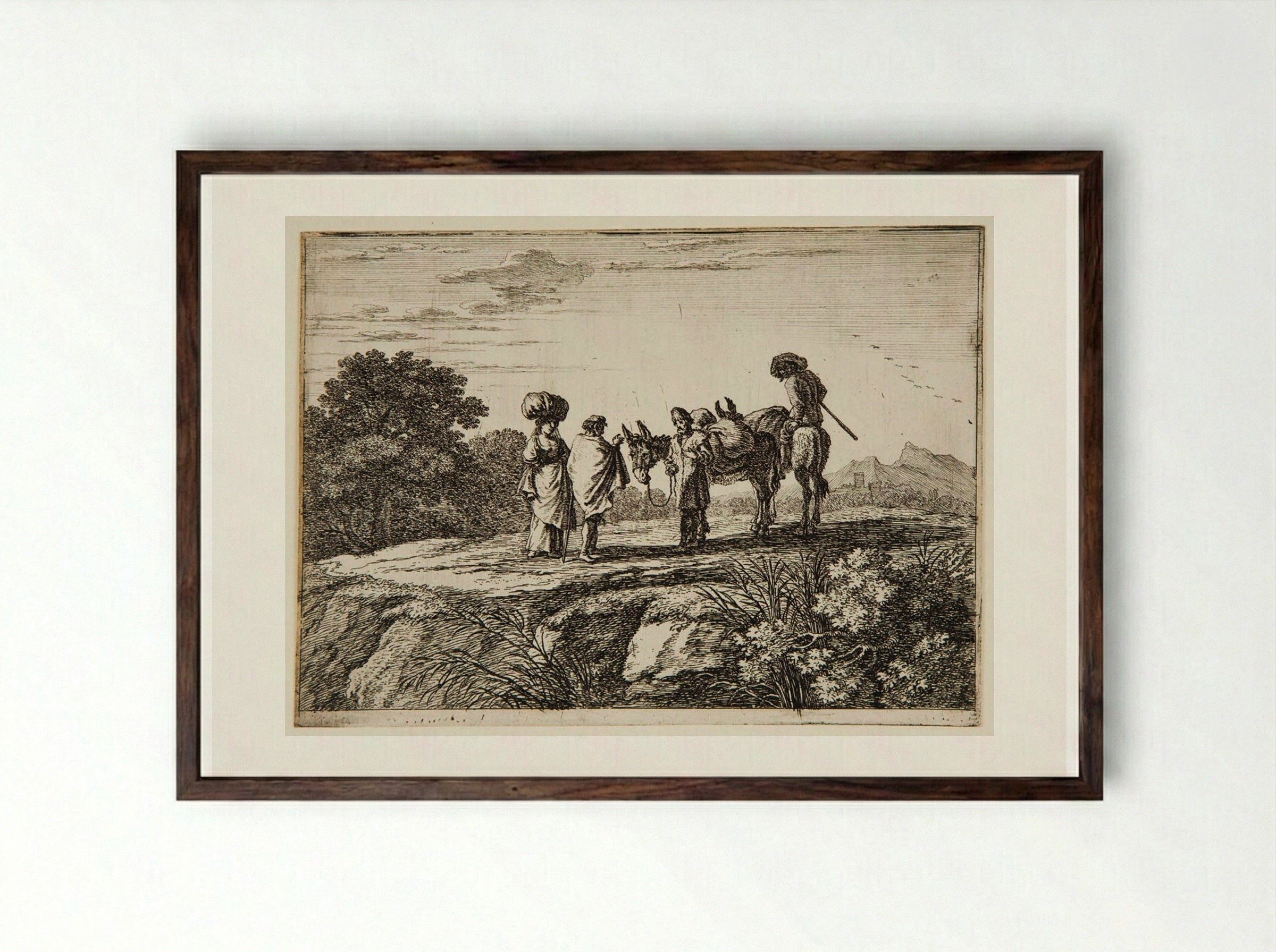 Travelers, One a Woman with a Bundle on Her Head - Herman van Swanevelt - Framed Print Dark Wood